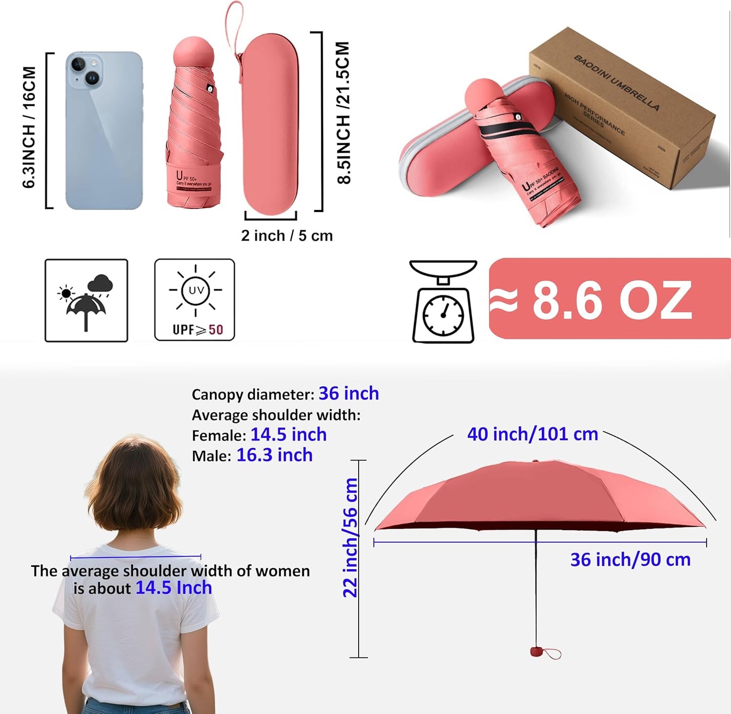 BAODINI Travel Mini Umbrella for Purse With Case Small Compact UV Sun Protection Sun Lightweight Tiny Pocket Umbrella for Women Kids and Men