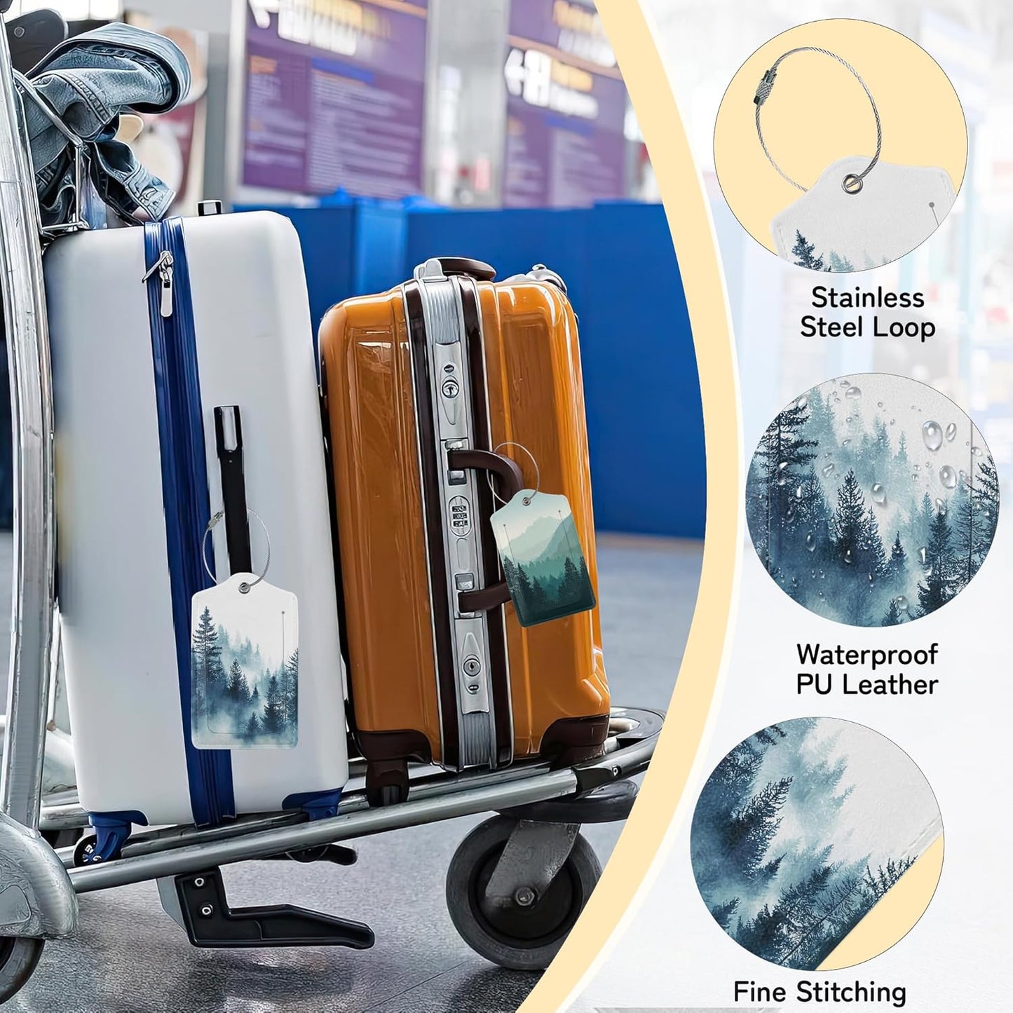 3 PCS Misty Forest Landscape Luggage Tags,Suitcase Tags Privacy Cover ID Label with Stainless Steel Loop and Address Card for Travel Bag Suitcase