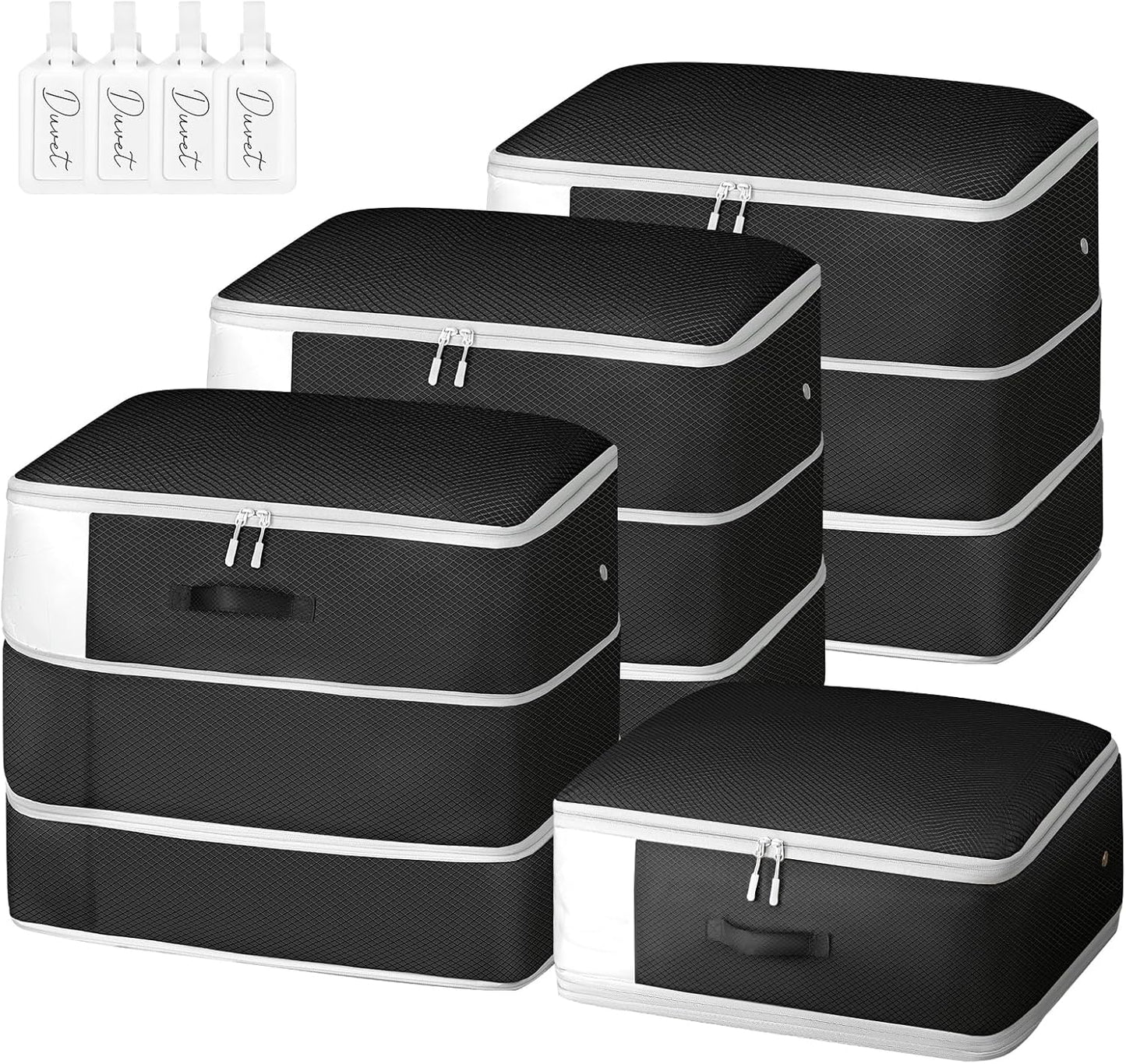 Comforter Storage Bag - Large Capacity Blanket Storage Bags 3-Layer Ultra Space Saving Self Compression Organizer, Washable Compression Bags for Storage Comforter Blanket, 4-Pack, Black