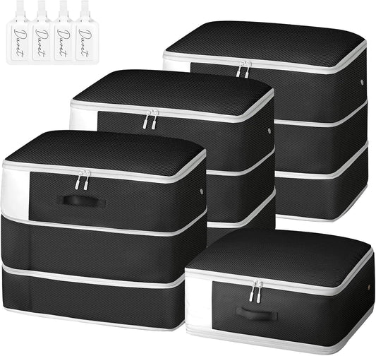 Comforter Storage Bag - Large Capacity Blanket Storage Bags 3-Layer Ultra Space Saving Self Compression Organizer, Washable Compression Bags for Storage Comforter Blanket, 4-Pack, Black