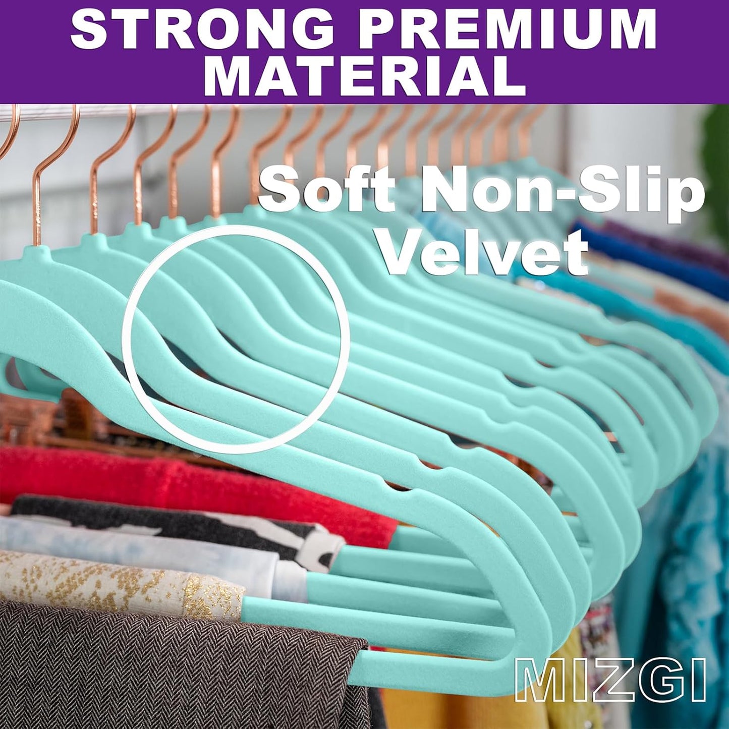 MIZGI Premium Velvet Hangers - Heavy Duty Non Slip Felt Hangers (50 Pack) - Aqua Blue & Rose Gold Hooks, Space Saving & Durable for Suits & Coats