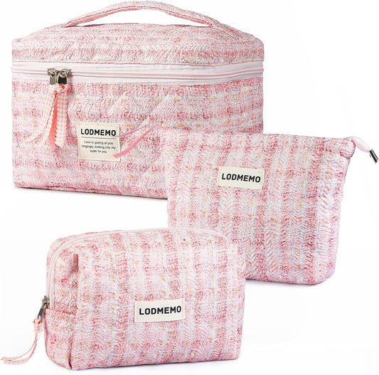 Makeup Bag 3 PCS Quilted Cosmetic Bags for Women, Large Travel Make up Bag Set Cute Cotton Toiletry Bag Organizer Pouch for Purse, Pink