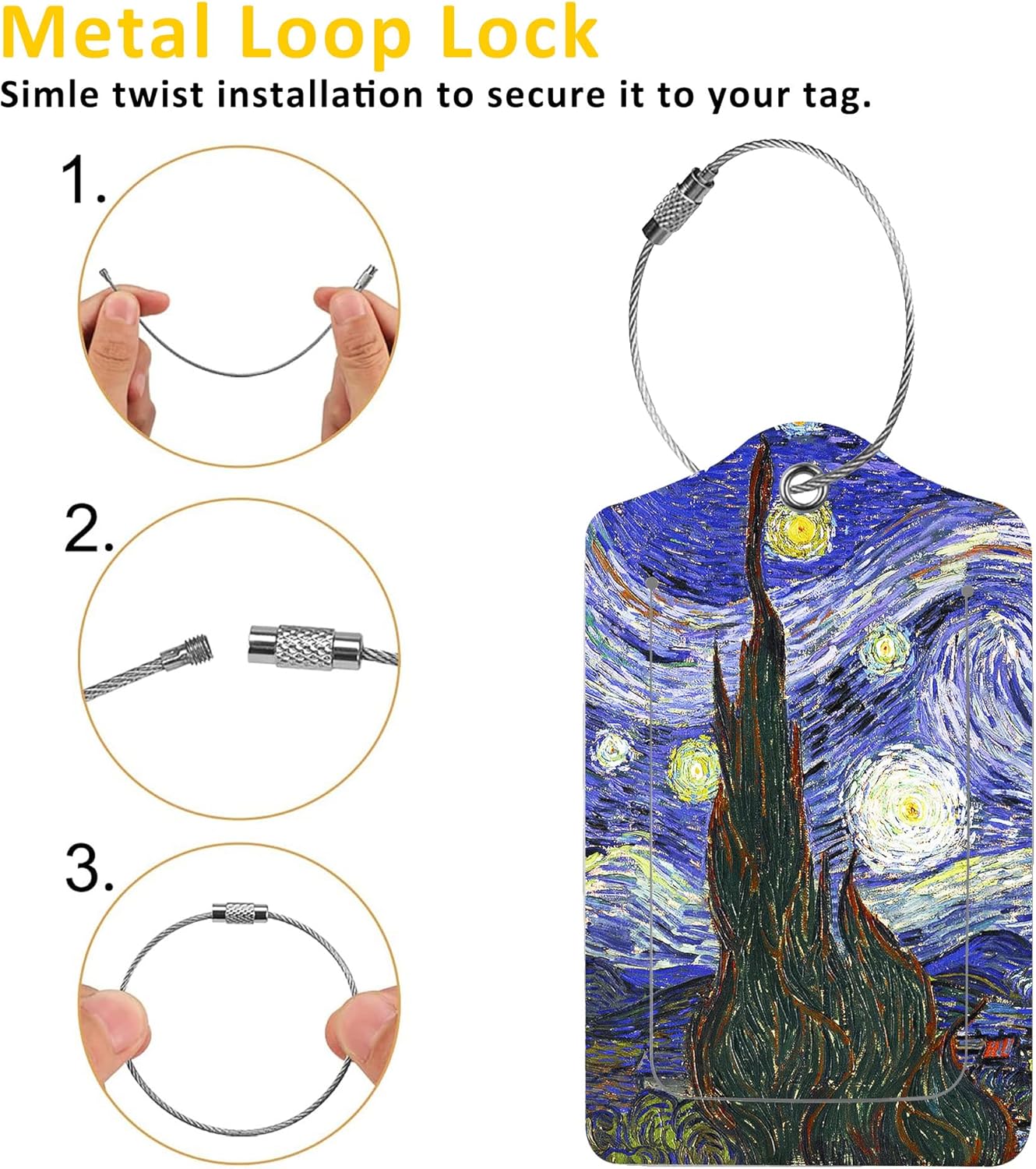 2 Pack The Starry Night Luggage Tags for Suitcases,Starry Night Van Gogh Leather Baggage Suitcases Tag Name ID Label Privacy Cover Travel Bag Tags for Women Men Boys Girls