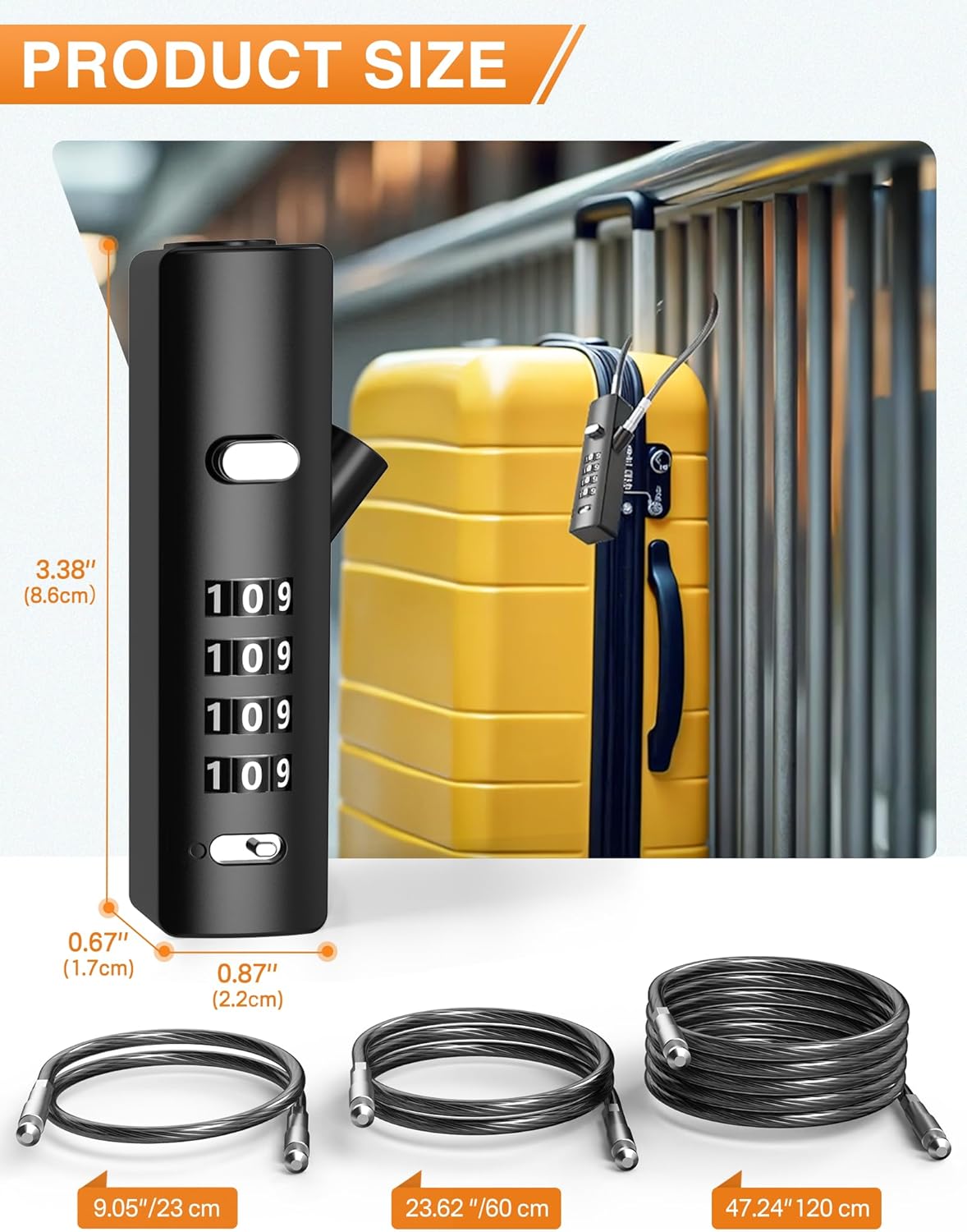 4-Digit Combination Cable Luggage Lock with 3 Interchangeable Steel Cables (9"/24"/47") – for Bike, Backpack, Gym, Cabinet, Gate (Gray, 1 Pack)