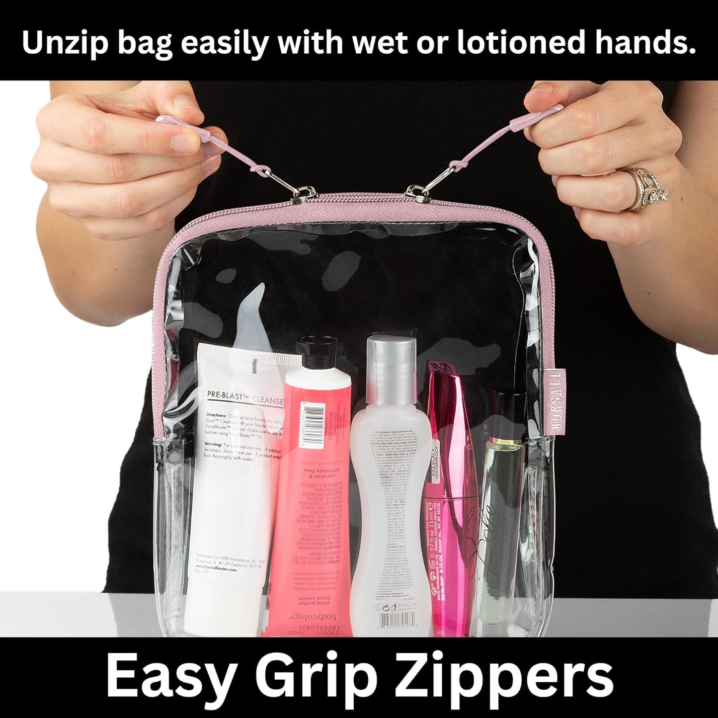 BORSALI TSA Approved Toiletry Bag - Clear Quart Size for 3-1-1 Carry On Travel - Makeup Organizer Cosmetic Pouch with Zipper - Travel Accessories - Rose