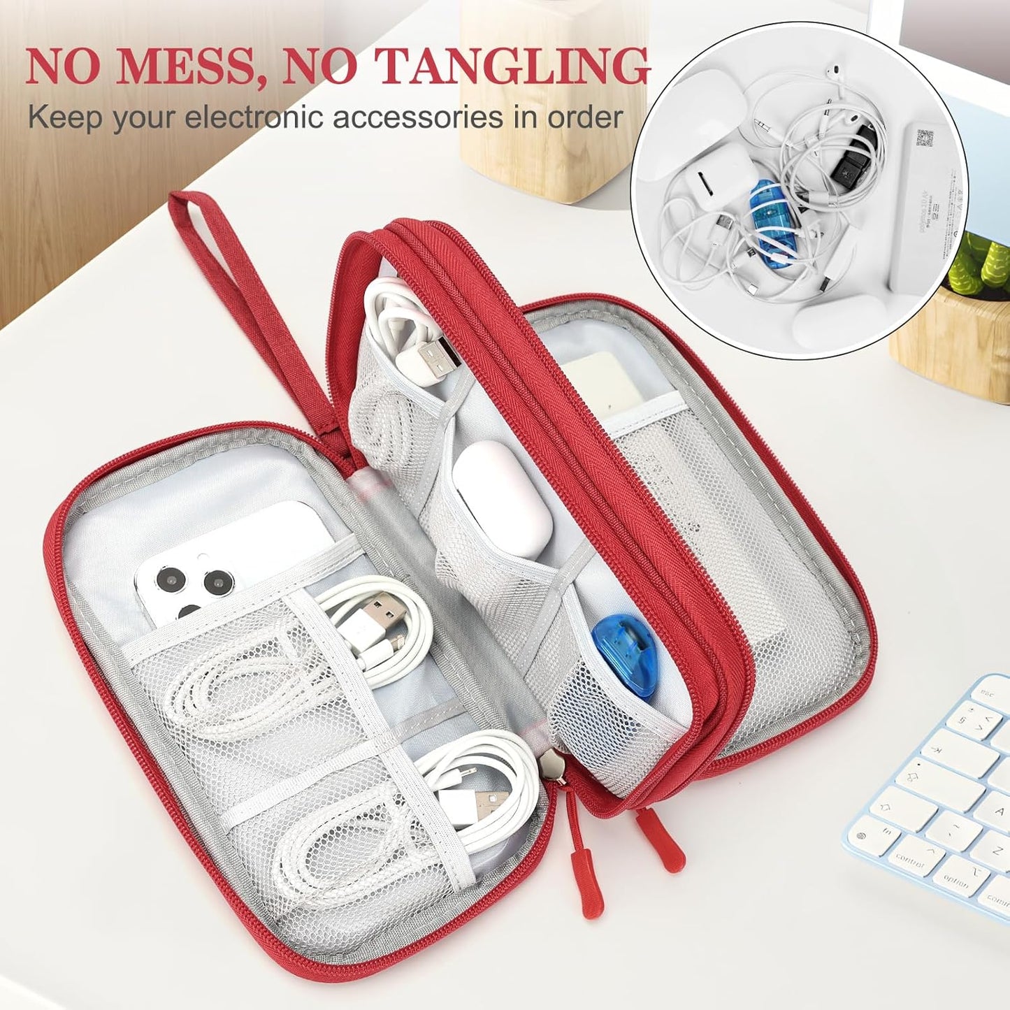 FYY Electronic Organizer, Travel Cable Organizer Bag Pouch Electronic Accessories Carry Case Portable Waterproof Double Layers Storage Bag for Cable, Cord, Charger, Phone, Earphone, Large Size, Red