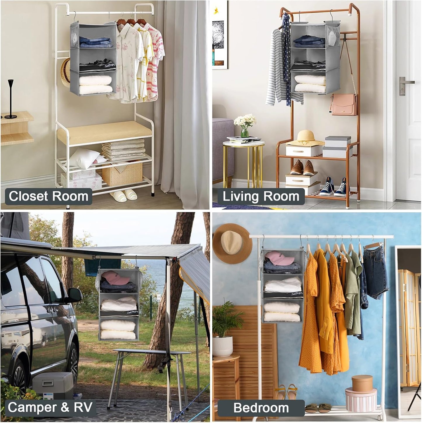 MAX Houser 3 Tier Shelf Hanging Closet Organizer, Space Saver,Closet Hanging Shelf with 2 Sturdy Hooks for Storage, Foldable (Grey)