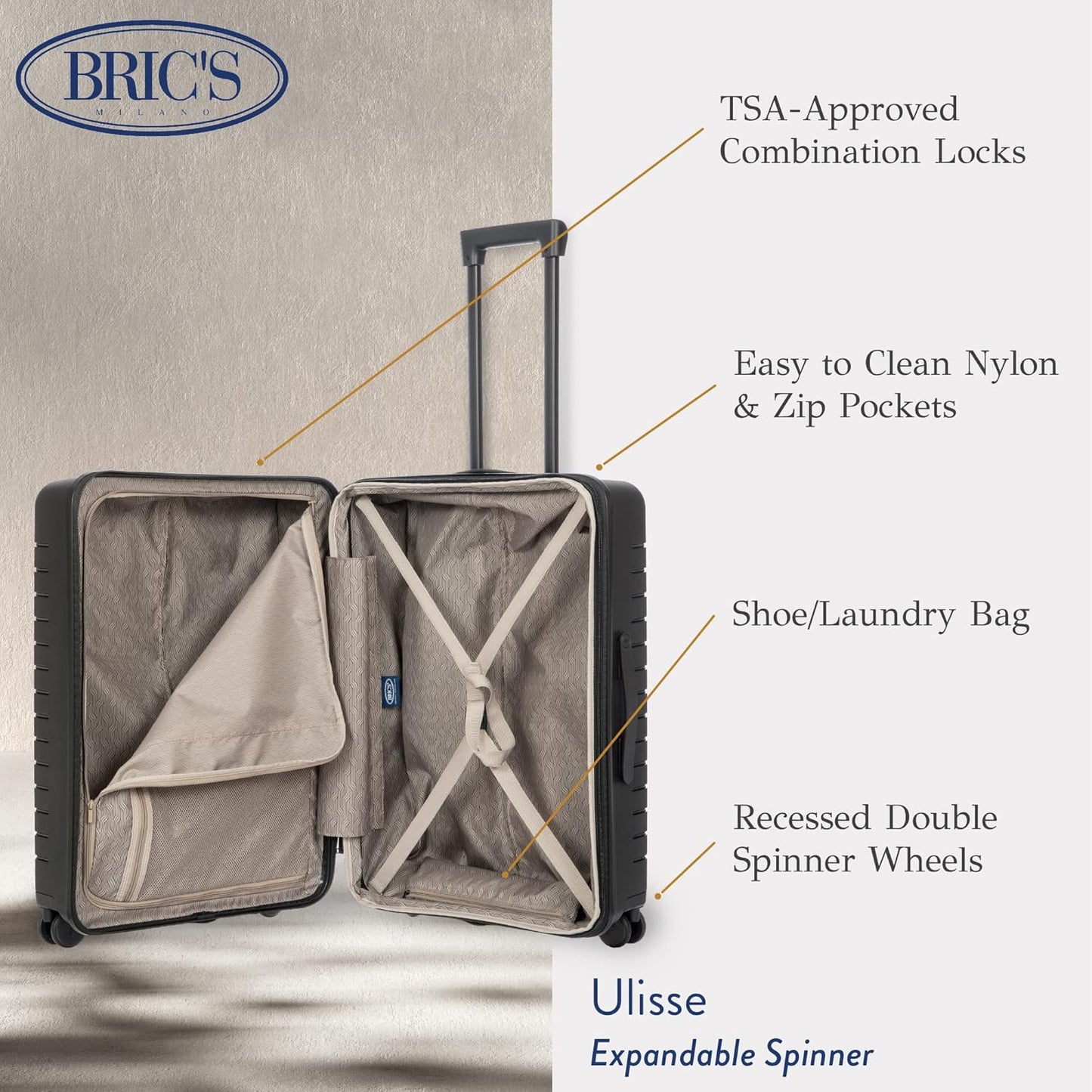 Bric's B|Y Ulisse Spinner Suitcase, Expandable Hard Shell Luggage with TSA Lock and Smooth 360° Wheels 28" – Black