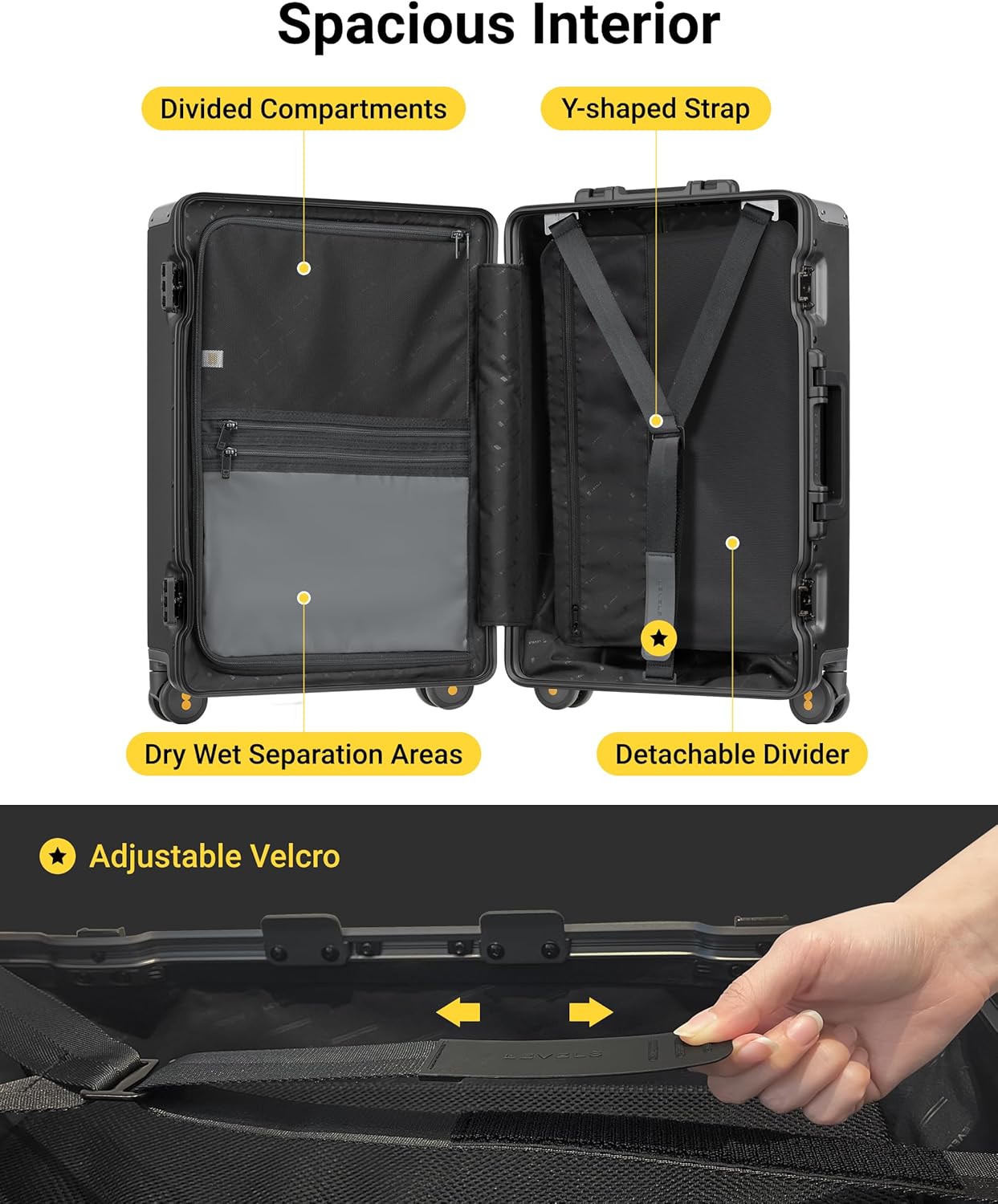 LEVEL8 Zipperless Checked Luggage with Aluminum Frame, Upgraded Medium Hardside Suitcase with Spinner Wheels, Metal Travel Luggage with Double Tsa Locks, 24 Inch, Black