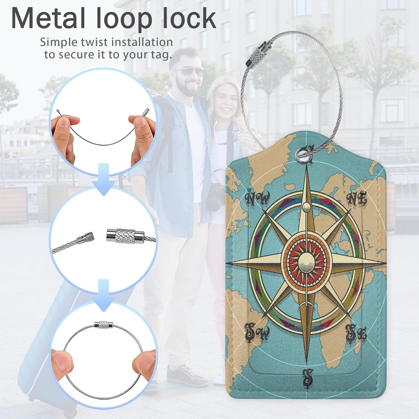 Retro World Map Luggage Tags for Suitcase,Nautical Compass Luggage Tags of Set 2 Leather Identifiers Privacy Cover with Stainless Steel Loop for Women Men Travel Bag Suitcase