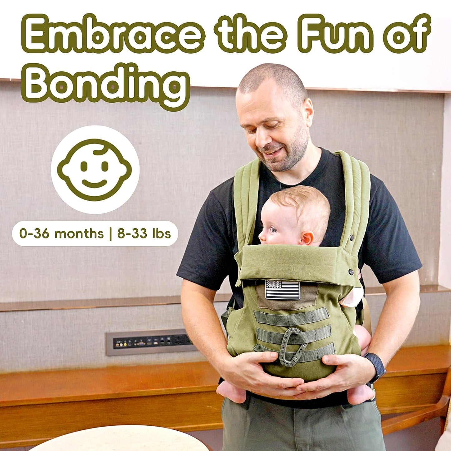 Baby Carrier, Lumbar Support Infant Carrier (0-36M, 8-33 lbs) with Foldable Headrest Carabiners for Big and Tall Parents, Men, Women (Green)