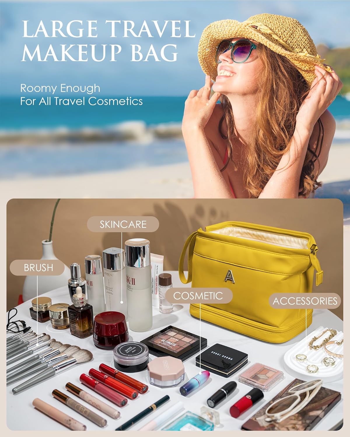 Honeymoon Gifts, Initial Makeup Bag, Travel Gifts, Personalized Bags, Waterproof Double Layer Cosmetic Bag, Large Capacity PU Leather Makeup Bags Letter Travel Toiletry Bag, Friend Gifts