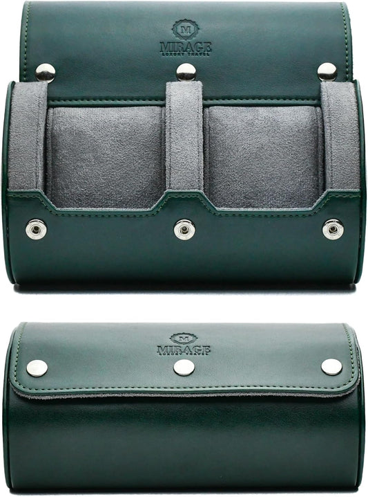 2 Watch Travel Case for Men- Watch Roll Holder and Display - Royal Green Swiss Motif Vegan Leather