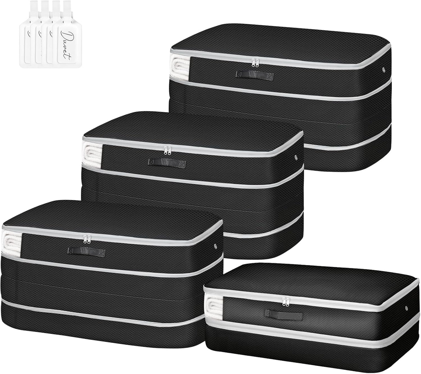 Comforter Storage Bag - Large Capacity Bedding Storage Bags Ultra Space Saving Self Compression Organizer, Washable Compression Bags for Storage Comforter Blanket Duvet Pillow, 4-Pack, Black