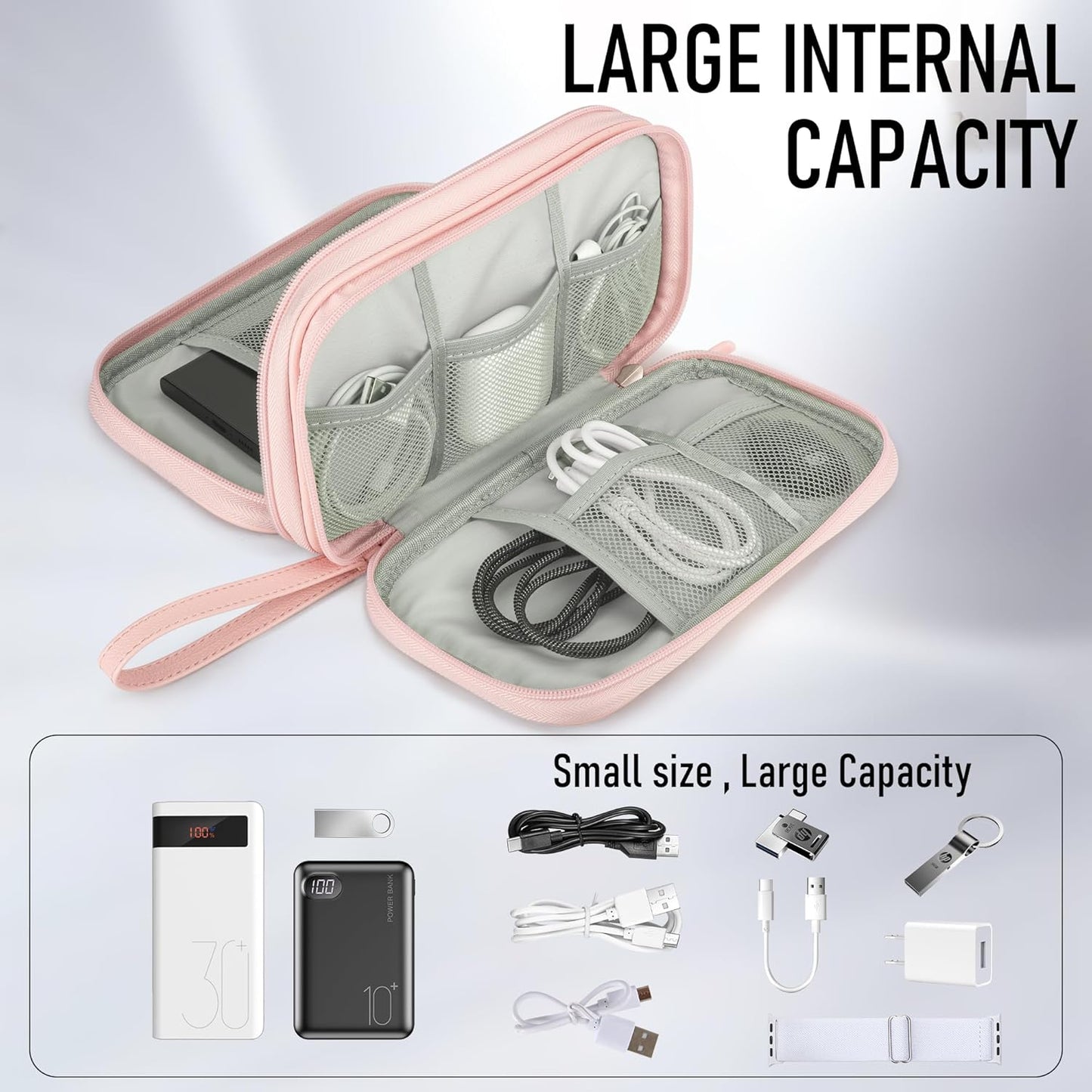 Leather Travel Electronic Organizer - Double Layer, Waterproof Case for Cables, Chargers, Phones & More - Portable, Shockproof Pouch for All Your Electronics Accessories (Light Pink, M)