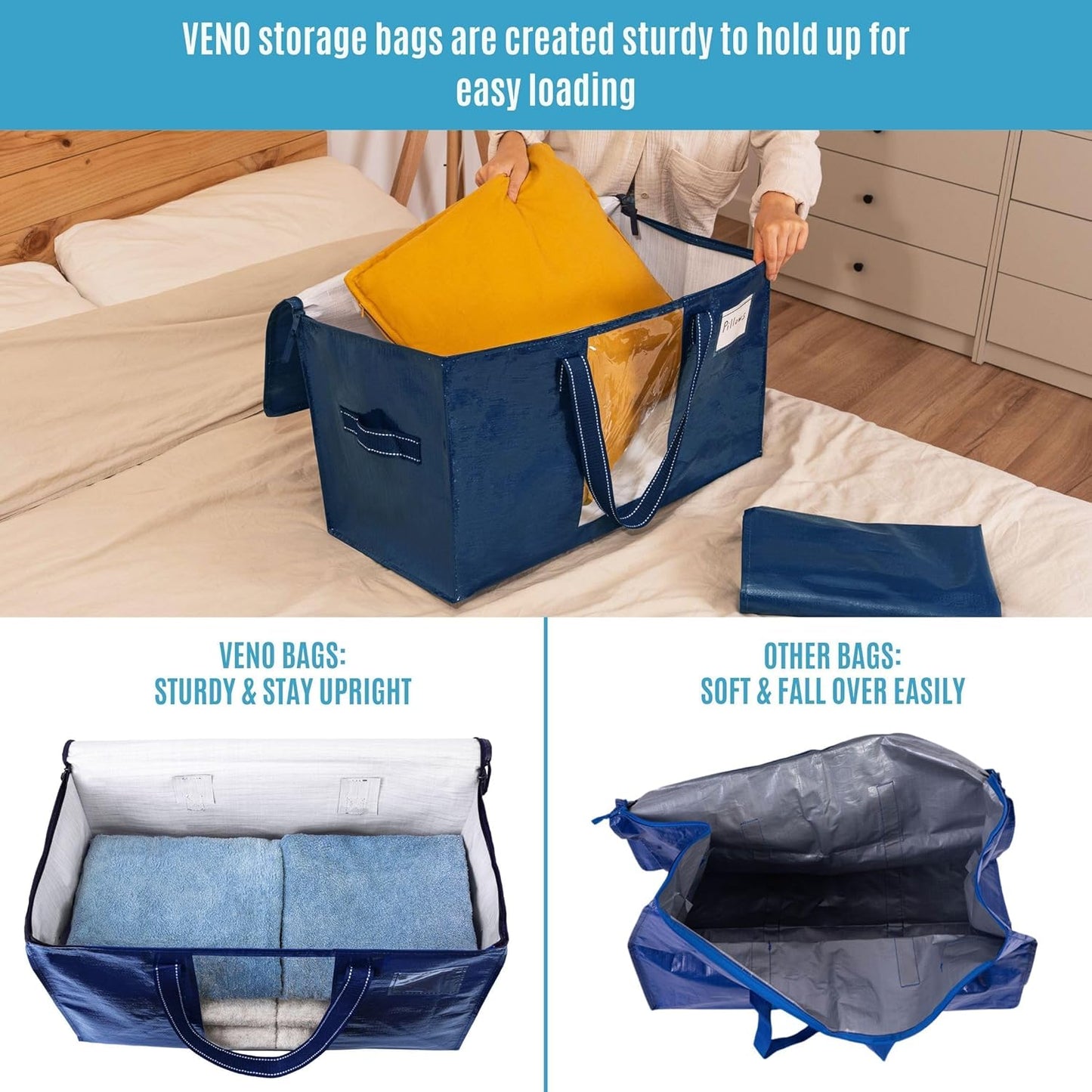 VENO 4 Pack Moving Bags, Comforter and Blanket Storage Bags for Closet, Moving Boxes, Boxes with Lids Alternative, College Dorm Packing Supplies, Foldable Heavy-Duty Tote with Window (Blue, 4 Pack)