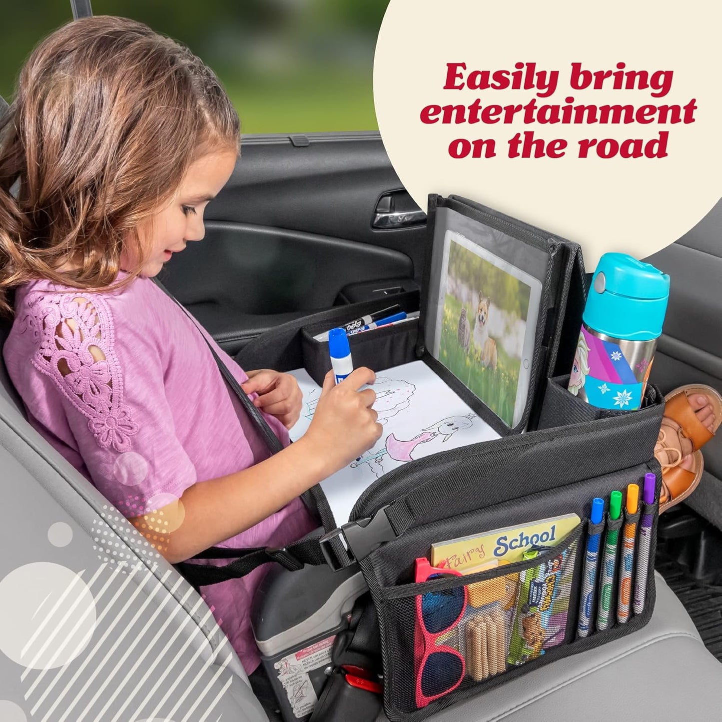 Lusso Gear Kids Travel Tray for Car - Road Trip Essentials for Kids - Car Seat Tray for Toddlers & Kids - for Airplane, Kids Travel Desk, Road Trip Activities (Purple Unicorns)