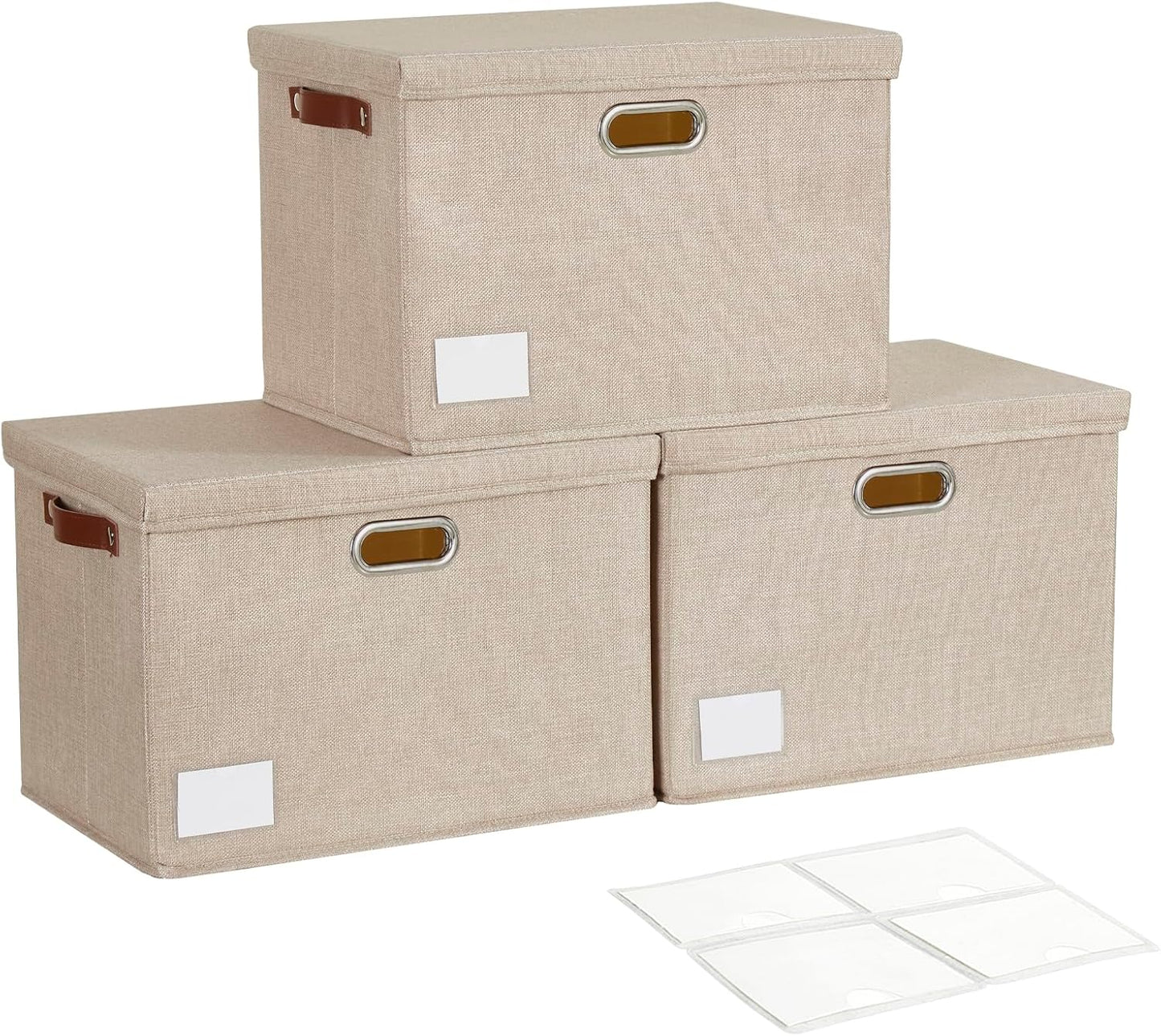 17" Large Collapsible Storage Bins with Lids, Stackable Closet Organizers with PU Handle and Labels, 3-Pack Decorative Fabric Storage Boxes for Home, Bedroom, Closet, Office, Nursery(Khaki)