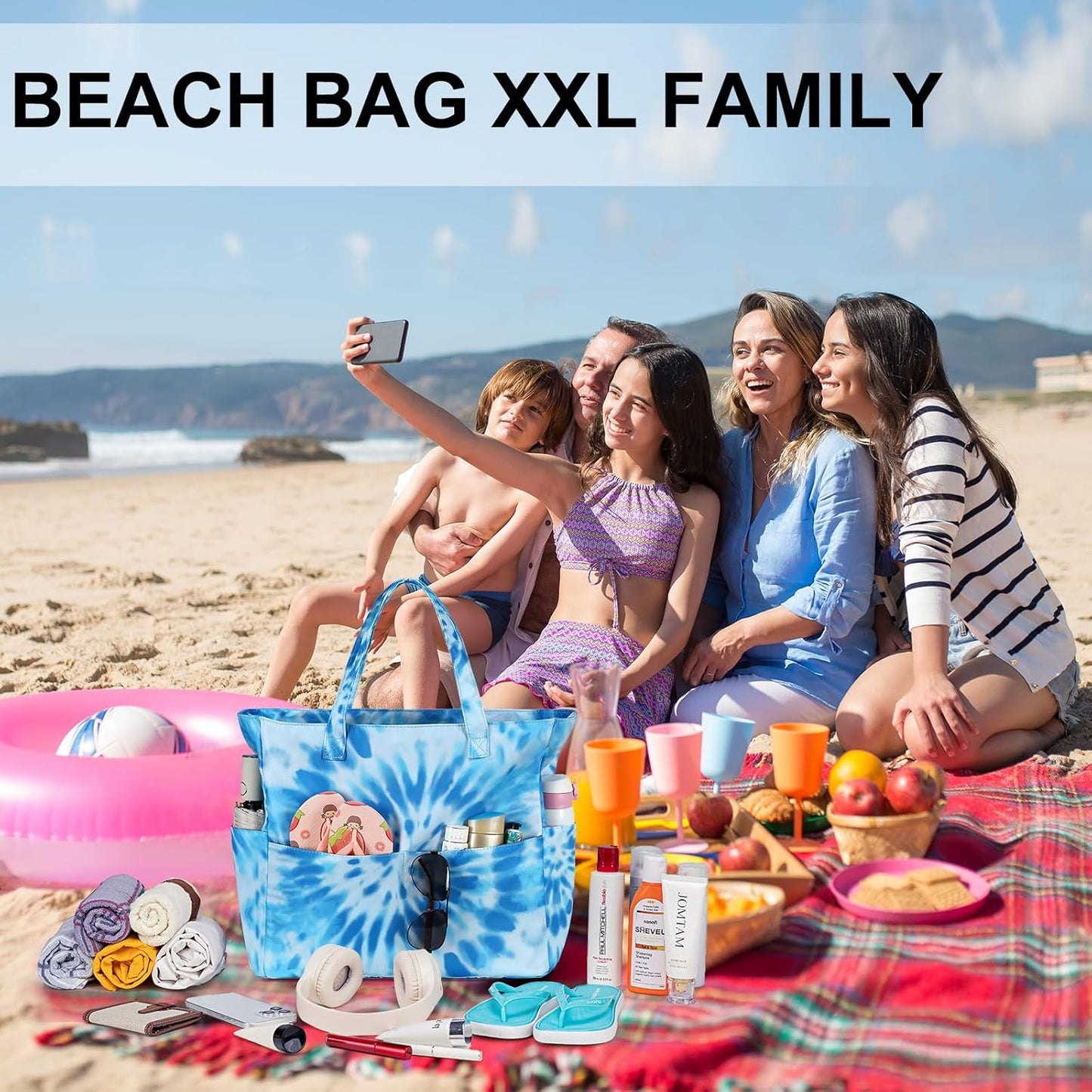 LEDAOU Large Beach Tote Bag Women Waterproof Sandproof Zipper Beach Tote Bag for Pool Gym Grocery Travel with Wet Pocket