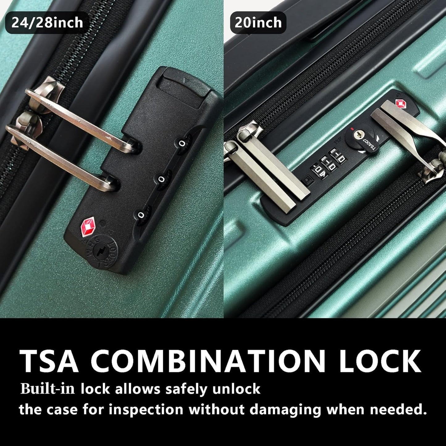 3Pcs (20/24/28) Luggage Set, HardShell Lightweight, Only 20" with Front Pocket, 21.65*15.35*7.87" Fits Overhead Cabin, 24" (26*17.7*10.2") and 28" (19.68*11.81*29.92") Checked Luggage, Green