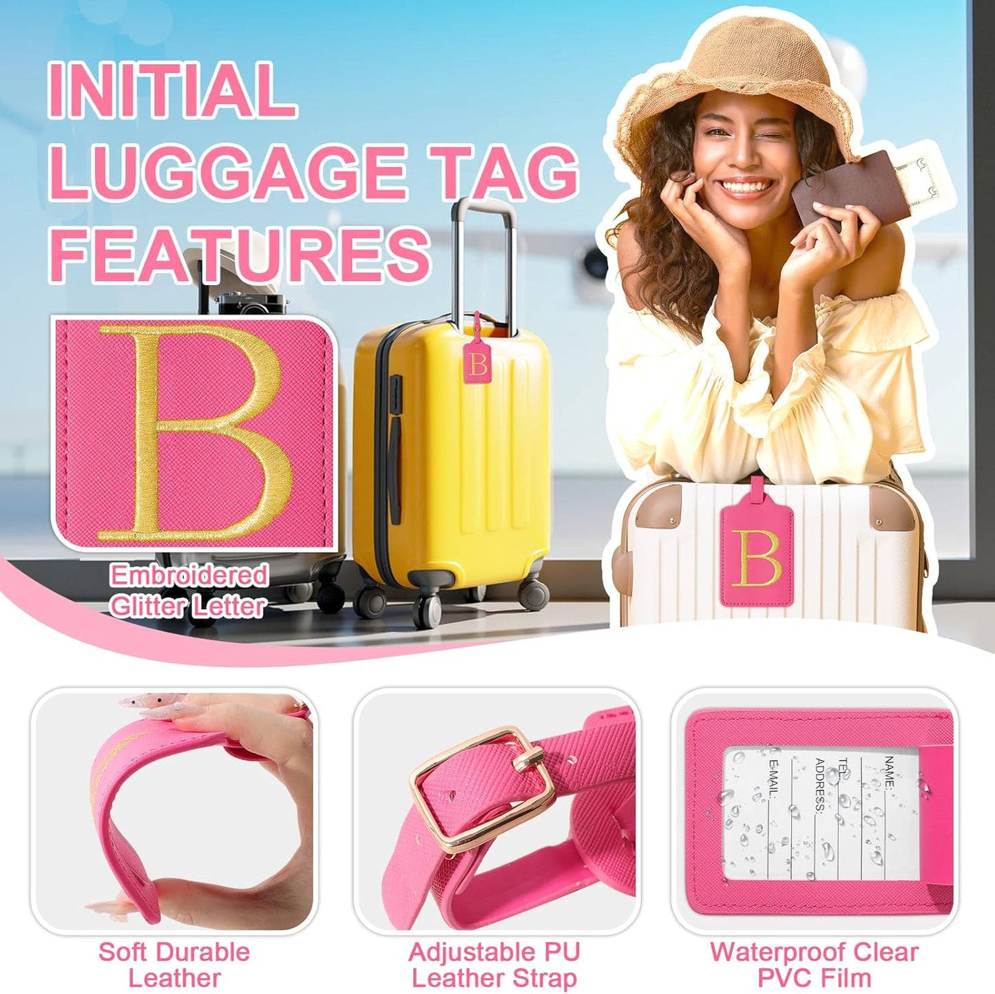 izuzta Personalized Initial Luggage Tags, Rose Red Leather, Embroidered Custom Monogram, Privacy Cover, TSA Approved, 1 Count, Rectangular, Luggage Tag