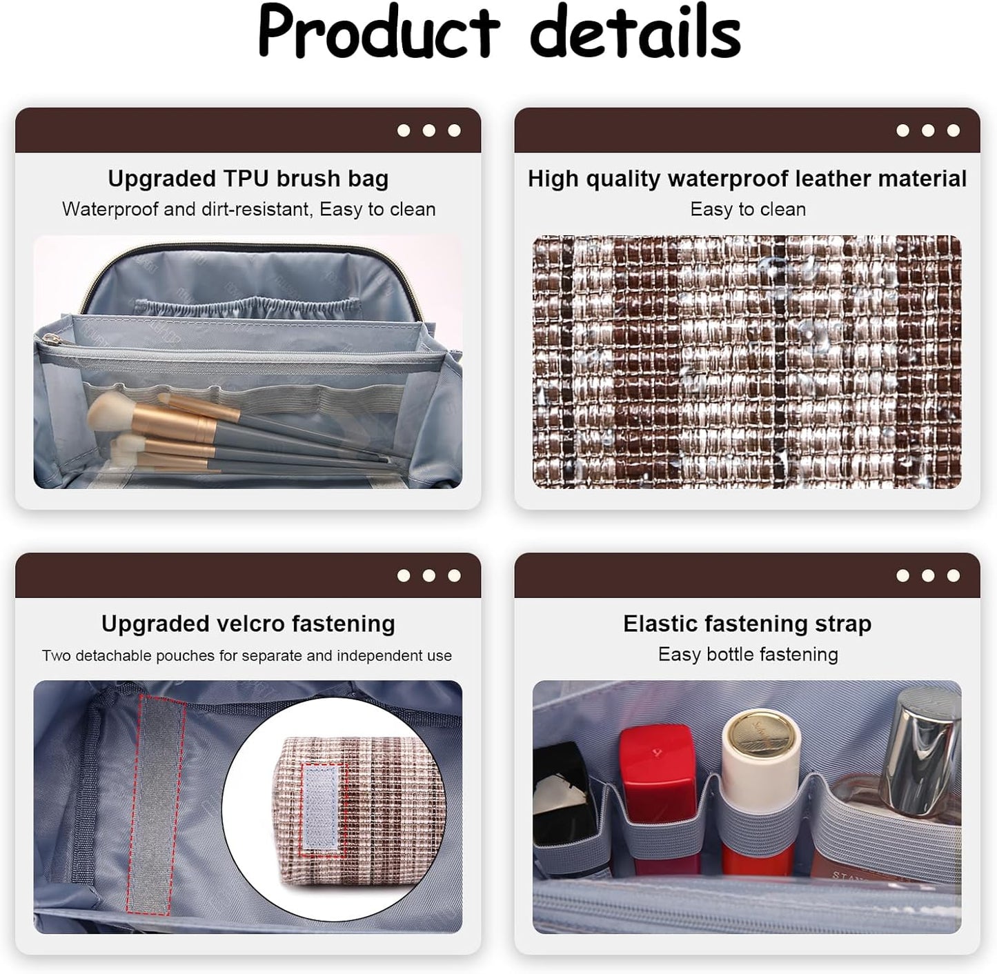 Travel Makeup Bag for Women: Large Capacity Open Flat Make up Bag Set of 3 - Vegan Leather Cosmetic Bag with Compartments - Waterproof Toiletry Bag with Handle & Divider(Brown)