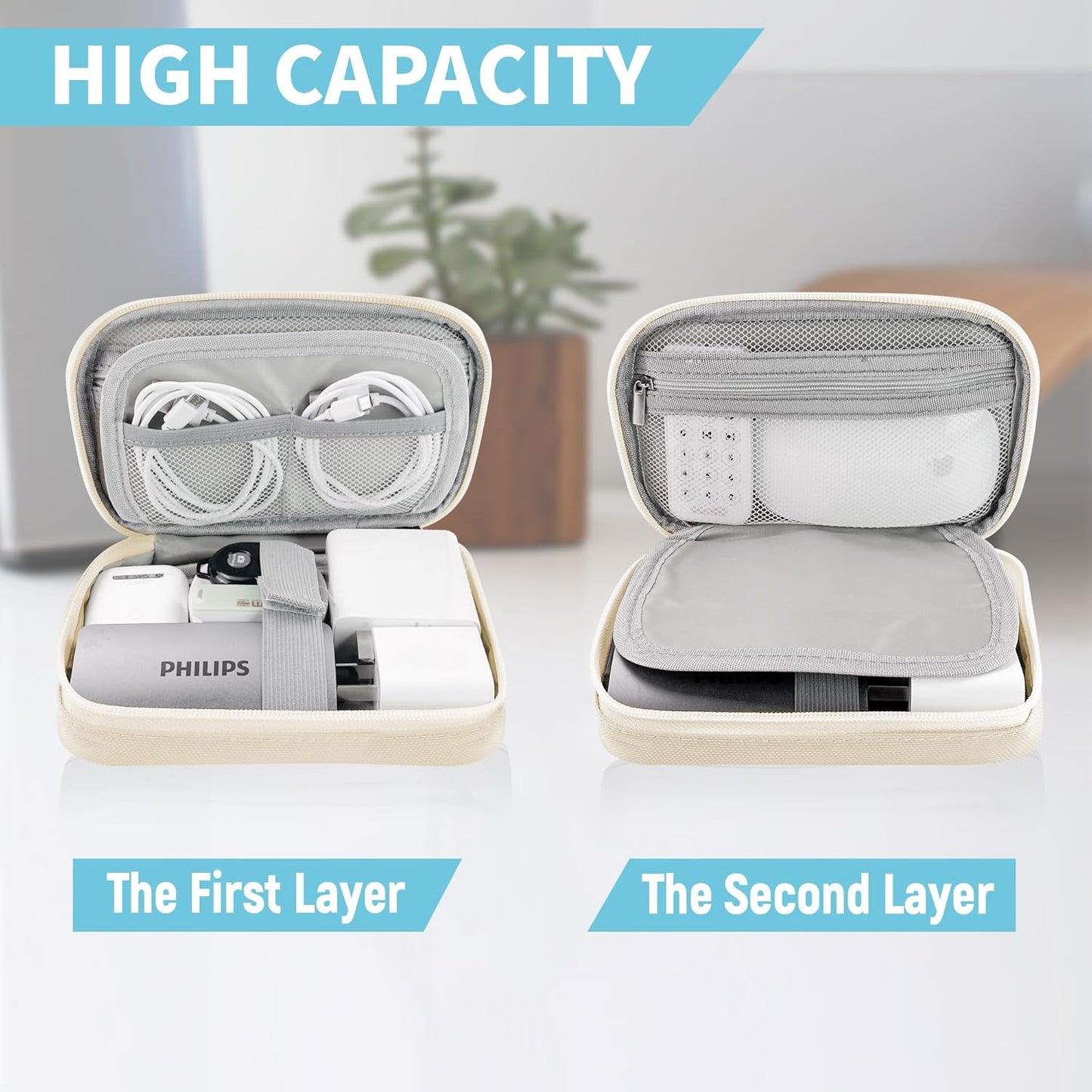 Electronics Travel Organizer,Portable Waterproof Electronic Travel Storage Bag for Small Charging Cord Storage,Charger,Small Electronics,SD Card etc,for Travel,Business -Beige