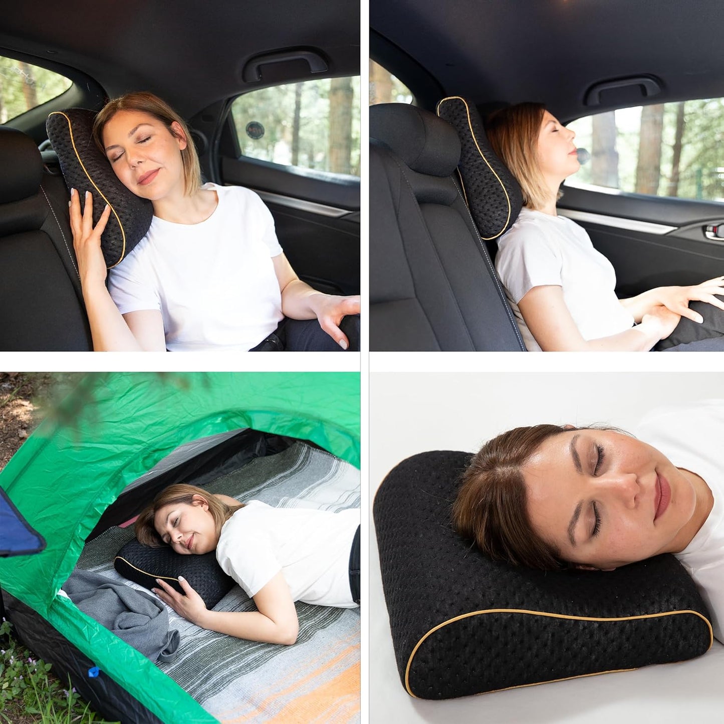 Travel & Camping Comfortable Memory Foam Pillow – Easy to Carry Portable Bag – Temperature Regulating Pillow Case (Black Contour)