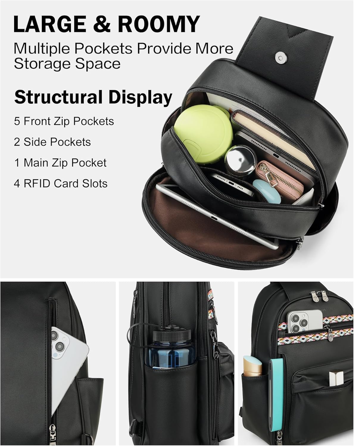 FADEON Large Sling Bag for Women, Leather Crossbody Purse Designer Anti Theft Sling Backpack, RFID Fanny Packs for Travel