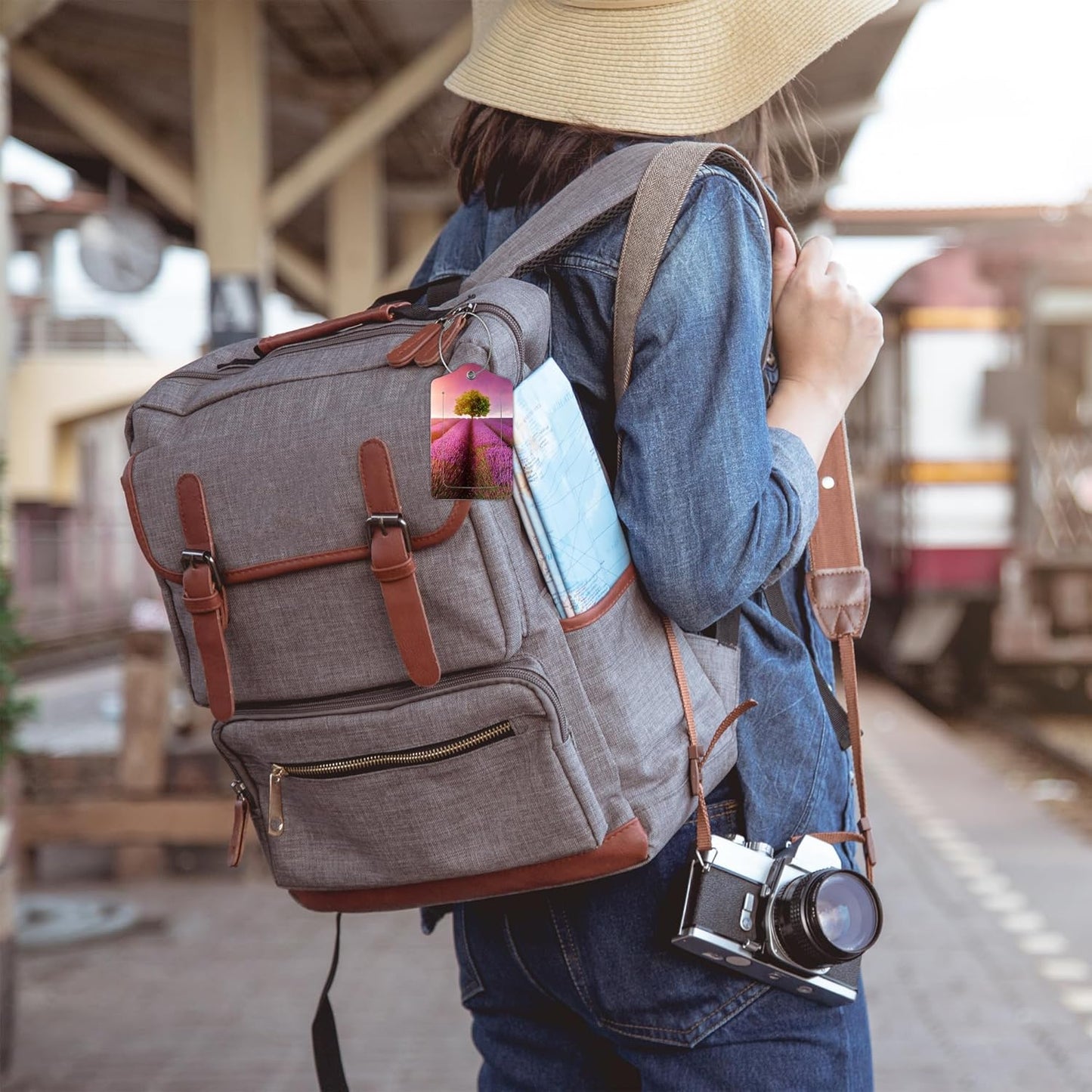 2 Pack Luggage Tags for Suitcases,Stunning Lavender Field Luggage Tag,PU Leather Id Label Luggage Tags with Stainless Steel Loop and Privacy Cover for Women Men Teens Travel