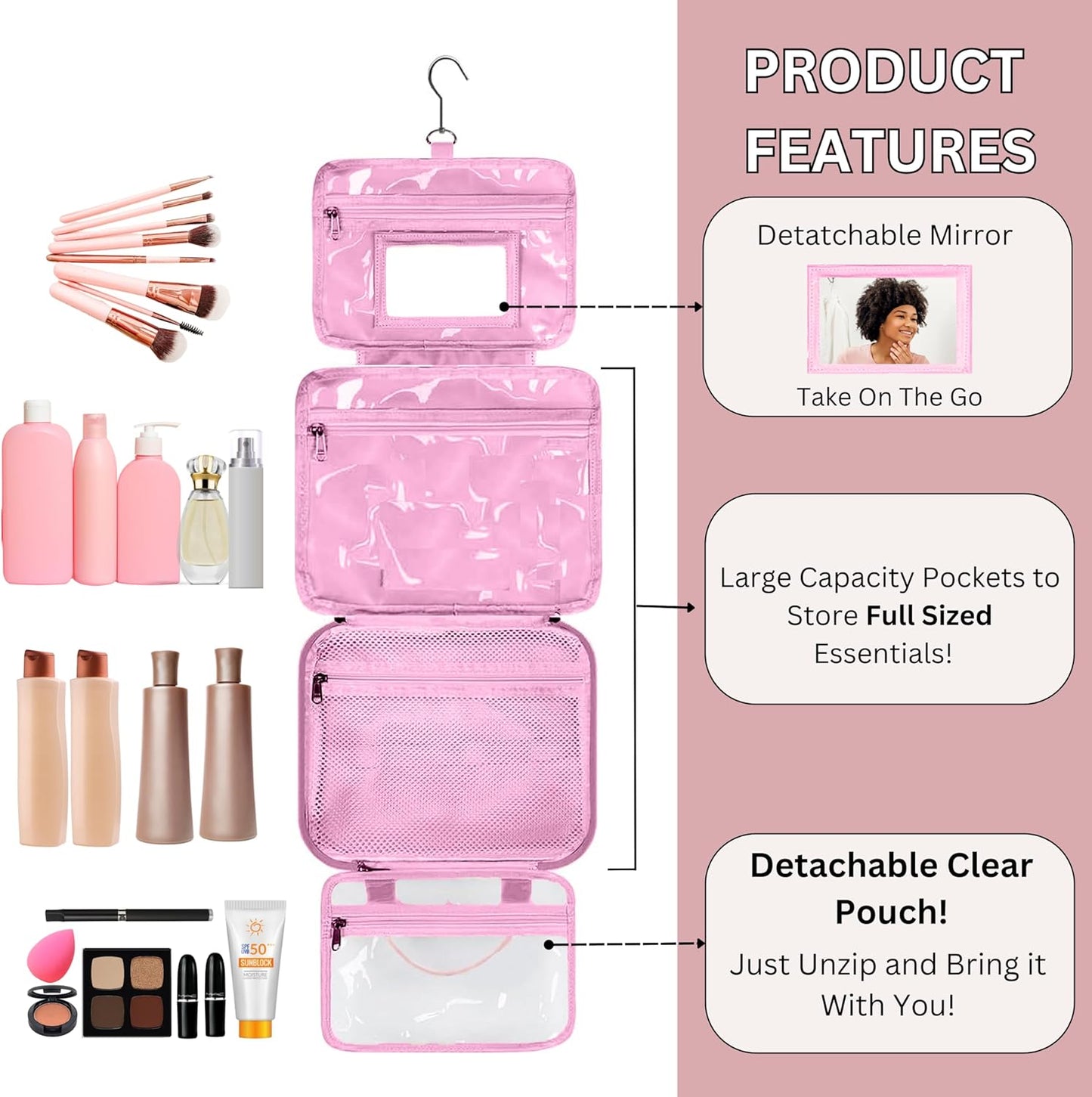 ESSENTE Women's Travel Toiletry Bag with Removable Pouch and Hanging Hook - Water Resistant Makeup Cosmetic Oraganizer with Multiple Compartments for Accessories (PRETTY IN PINK)