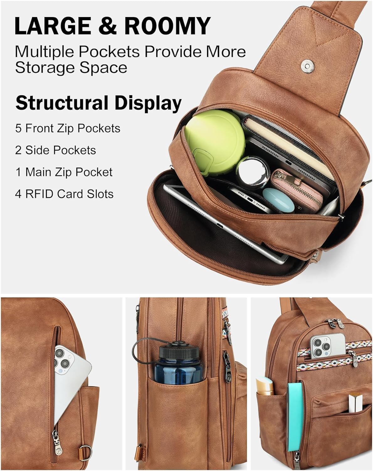 FADEON Large Sling Bag for Women, Leather Crossbody Purse Designer Anti Theft Sling Backpack, RFID Fanny Packs for Travel