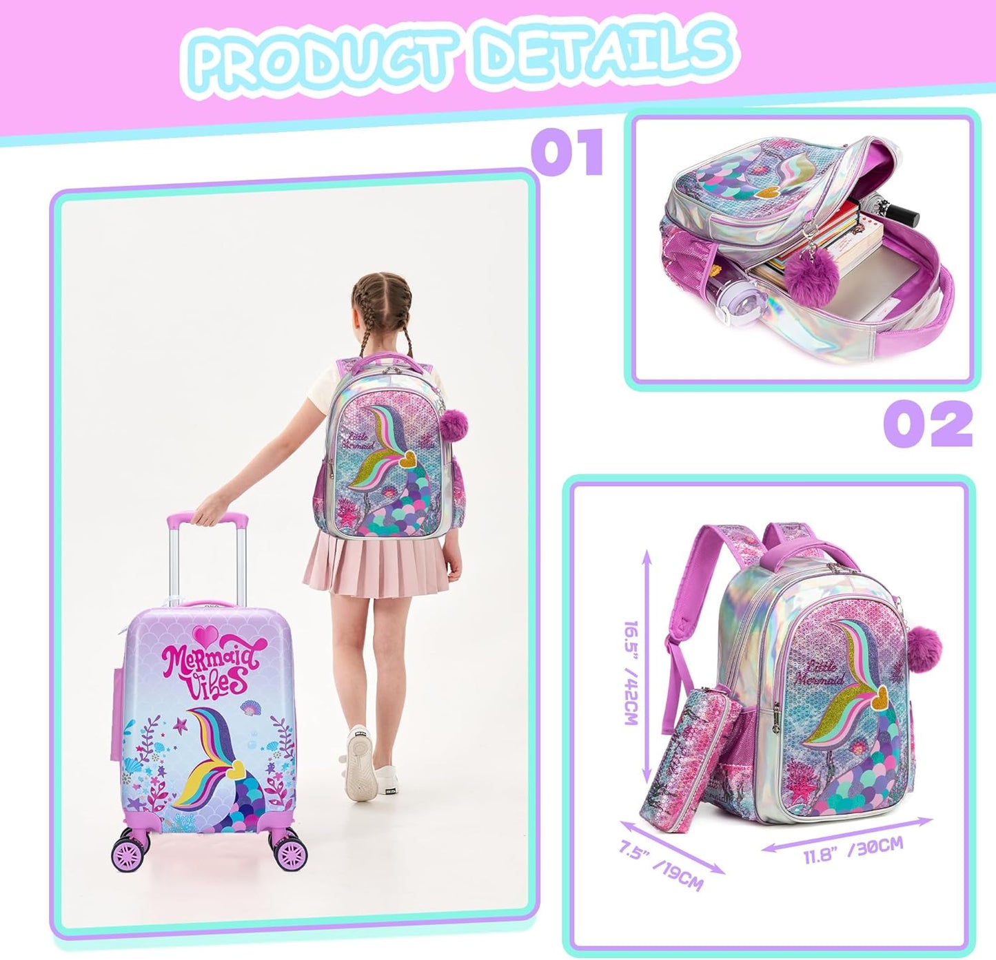 Cute Pink Mermaid Kid’s Luggage Set 5 Piece Suitcase Set 16’’ Hardside Luggage with Spinner Wheels Girls Boys Carry on Toddler Luggage Travel Rolling Luggage Carry on Luggage Airline Approved