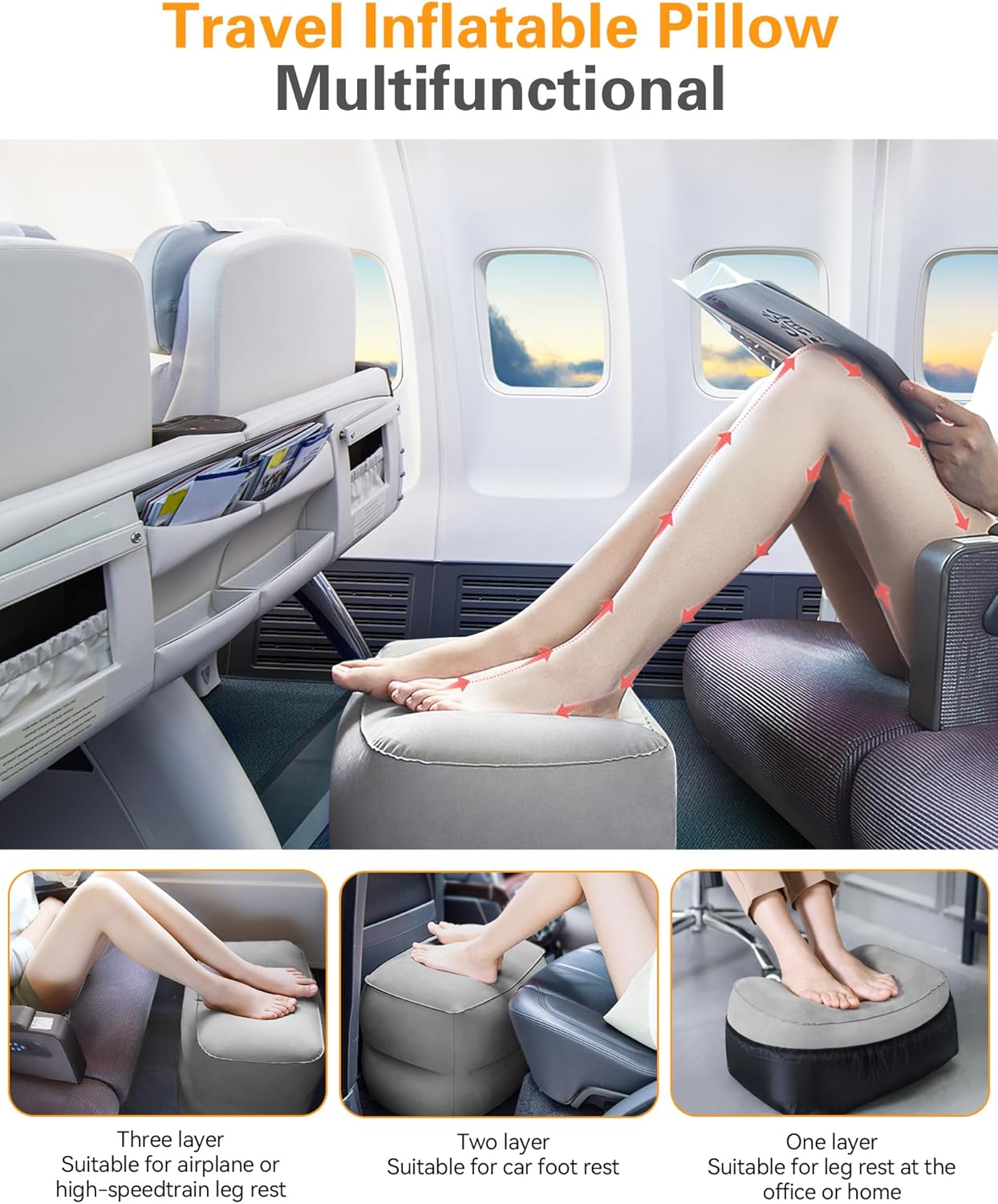 Sunany Inflatable Foot Rest Pillow for Travel, Kids/Adults Airplane Travel Pillow-Adjustable Height Cushions,for Kids to Sleep While Traveling,Suitable for Office, Home and Any Travell (1 Pack)