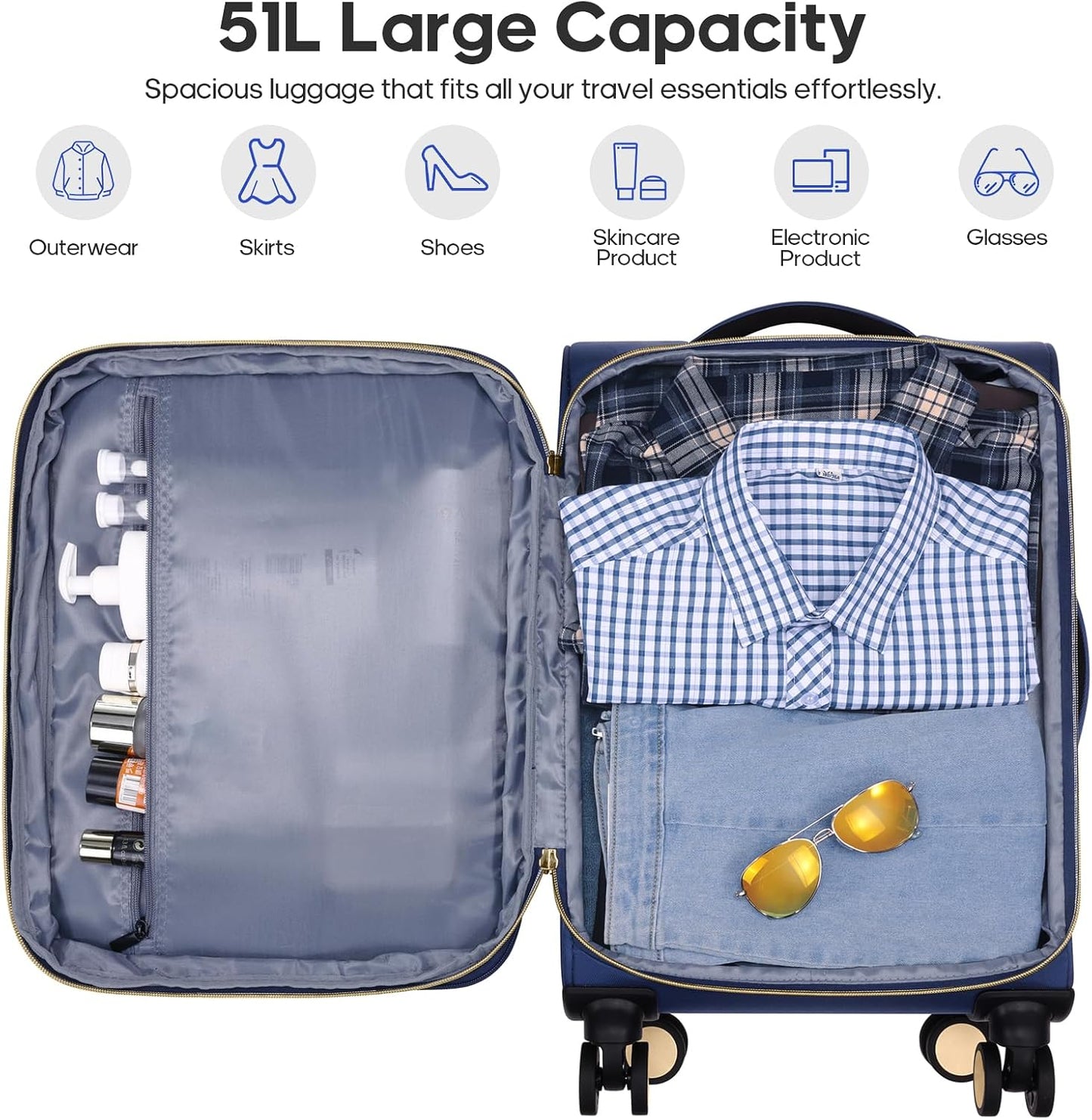 Softside Carry On Luggage 20 Inch Expandable Carry On Luggage 22x14x9 Airline Approved with Spinner Wheels & TSA Lock, Waterproof Large Capacity Suitcase Travel Bag for Men and Women