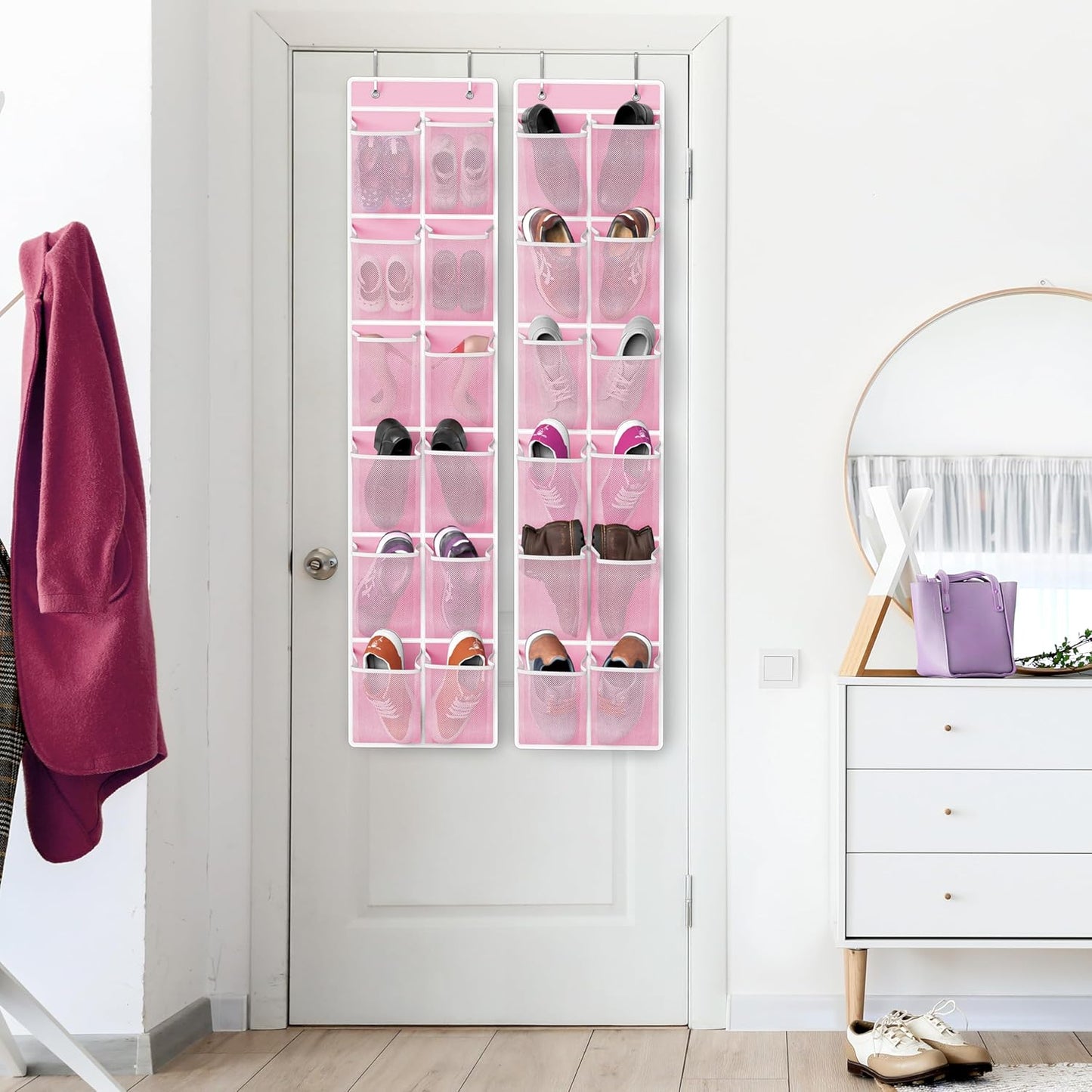 Simple Houseware 24 Pockets - 2PK 12 Large Pockets Over Door Hanging Shoe Organizer, Pink