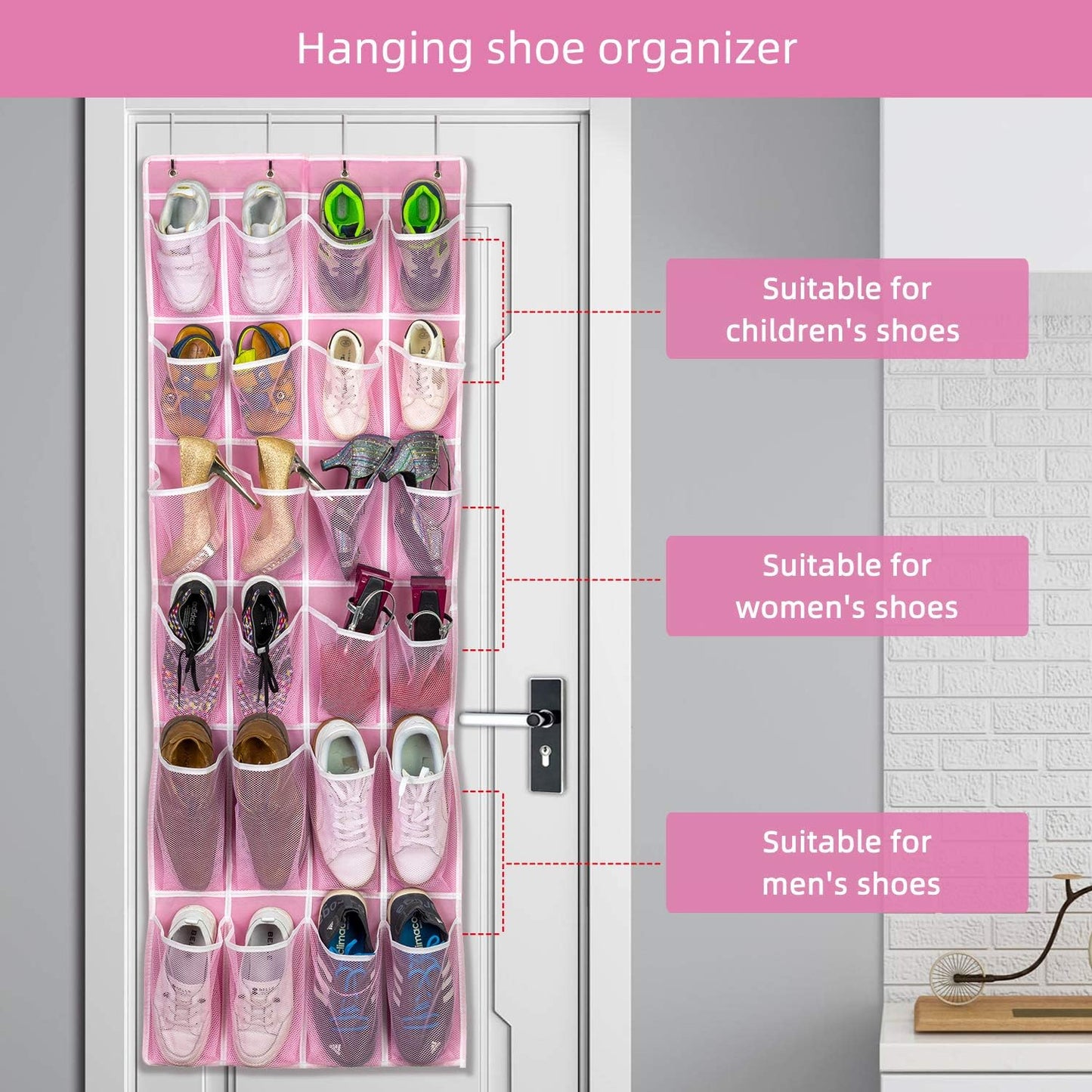 Hanging Shoe Organizer, Over The Door Shoe Organizer with 24 Breathable Mesh Pockets for Men Women Kids Hanging Shoe Storage Rack Organizer Size:58x21 Inch（Pink）