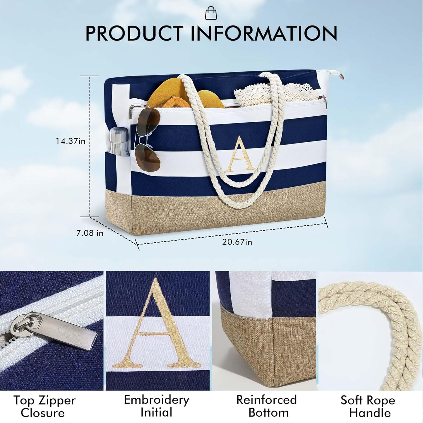 YOOLIFE Large Initial Beach Bag Waterproof Tote Zipper Bag Personalized Gifts for Women Her Birthday Travel Beach Essential