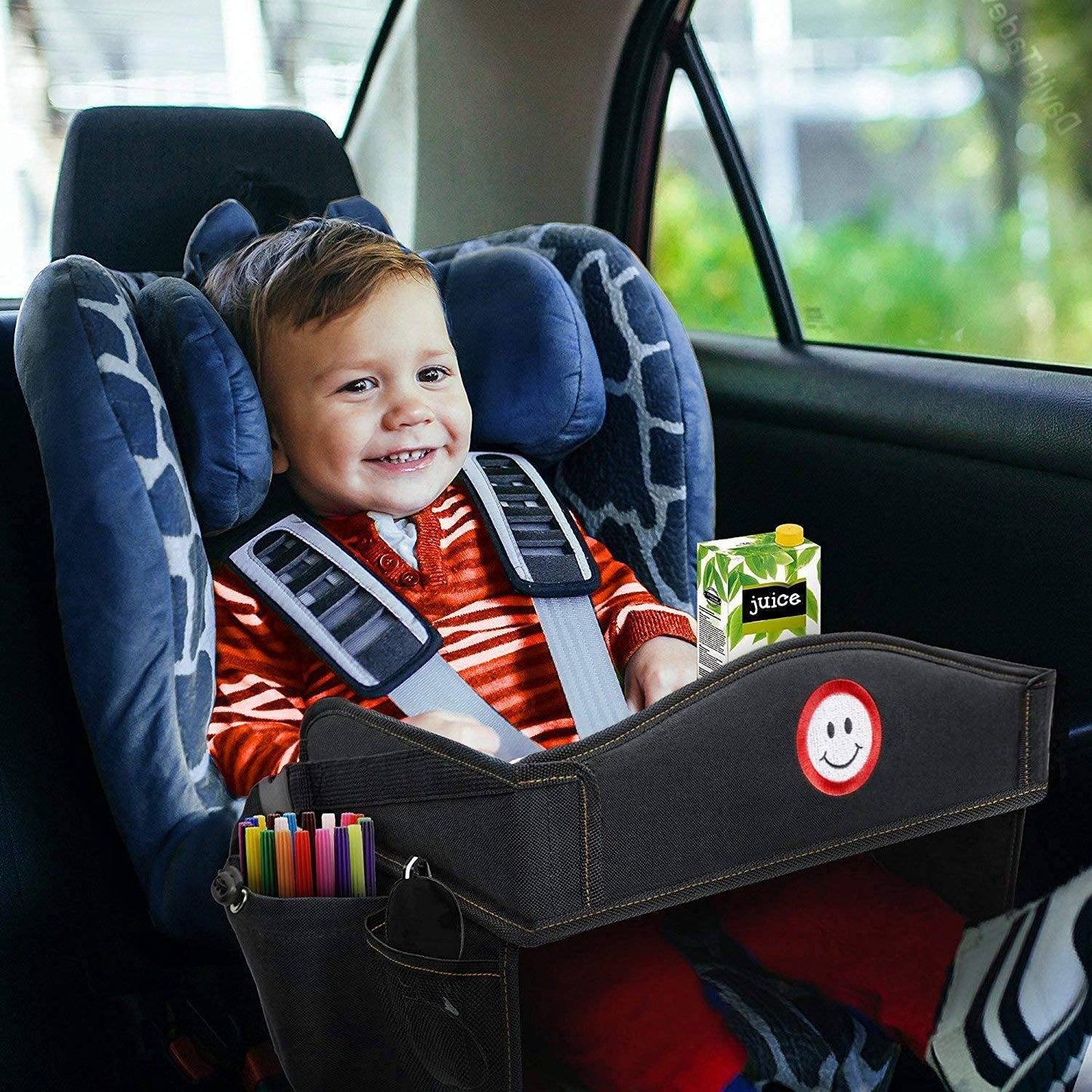 Coolmum Kids Travel Tray, Toddler Car Seat Tray, Double Sided Activity Organizer, Snack Lap Tray, Baby Stroller Table, Airplane Play Table, Waterproof and Foldable (Premium Black)