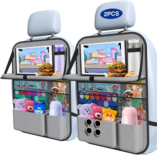 2PACK-Car Backseat Organizer with Touch Screen Tablet Holder,9 Storage Pockets Storage Organizer with Foldable Food Tray, Protector Kick Mats for Kids, Travel Accessories Organizer (Grey)