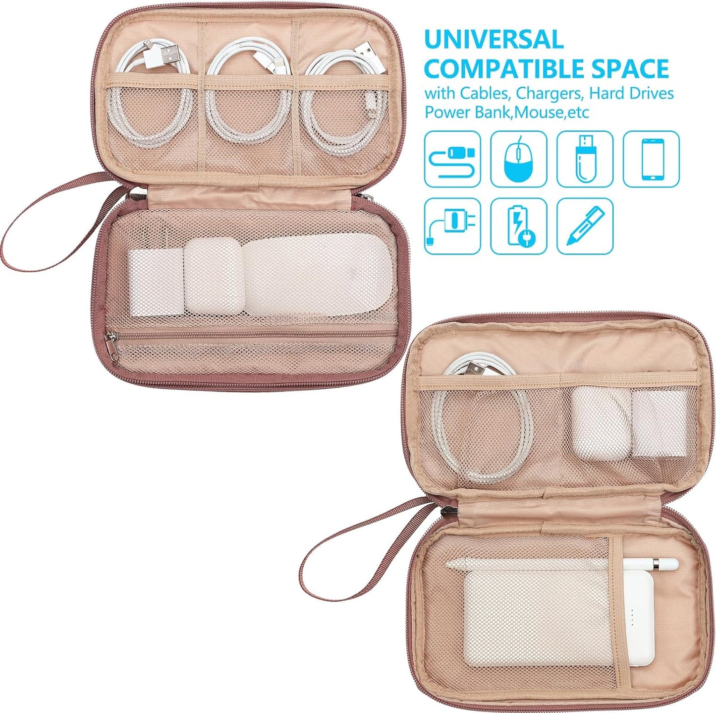 NISHEL Travel Cord Organizer Case, Double Layers Tech Electronic Bag, Essentials for Charger, Cable, Phone, Flash drive, Rose-wood Pink