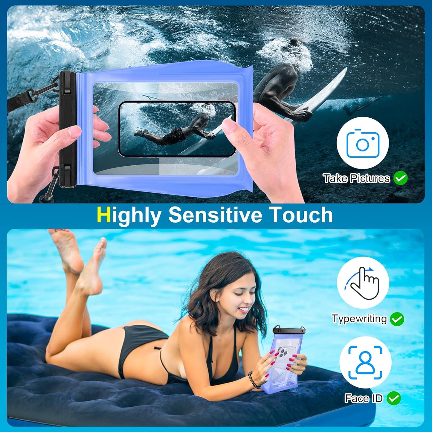 Large Waterproof Phone Pouch Floating, Waterproof Phone Case for iPhone 14 15 Pro Max 13 Plus 12 11 Samsung S23 Ultra S22 up to 8.5'', IPX8 Water Proof Phone Dry Bag for Swimming Kayaking Vacation
