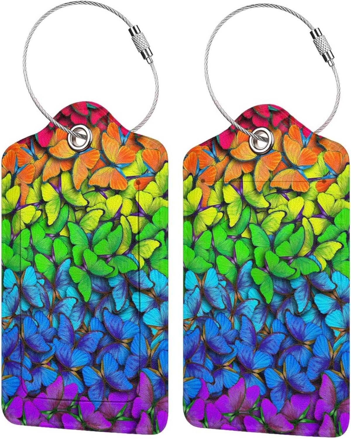 2 Pack Luggage Tag for Suitcases, Colorful Backpack Tag with Beautiful Butterflies Pattern Leather Suitcase Tags Identifiers with Privacy Name Address Labels & Durable Steel Loop for Women Men Travel
