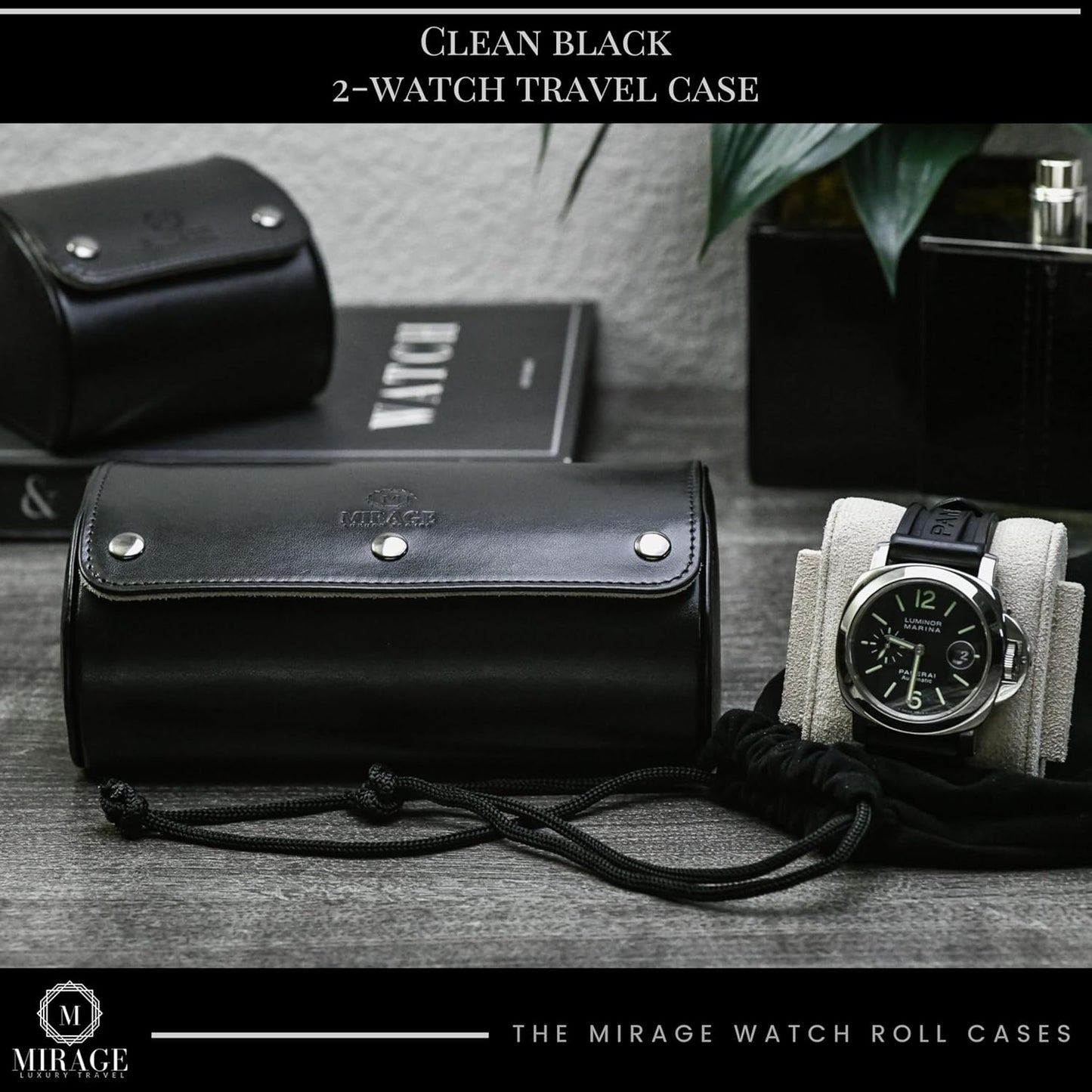 2 Watches Travel Case for Men - Mirage Watch Roll - Jade Black/Ivory White Vegan Leather