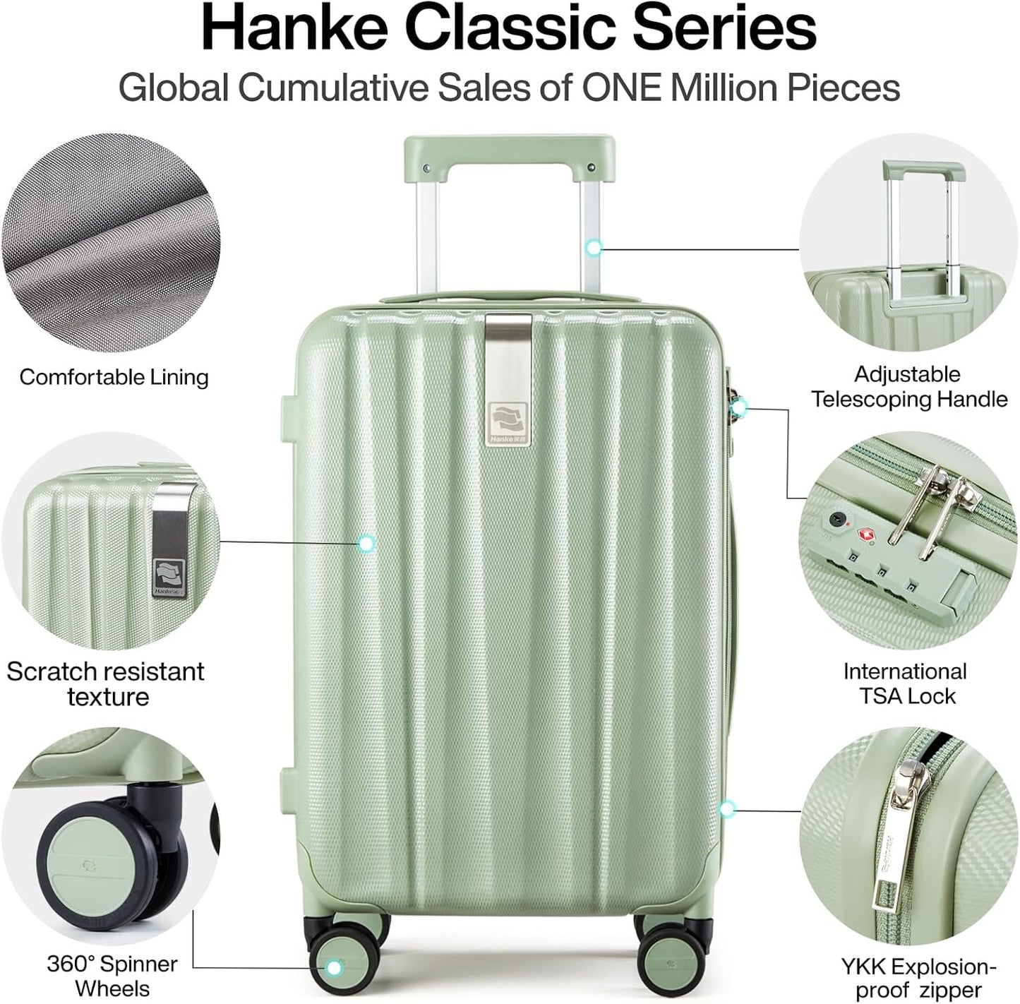 Hanke Luggage Sets 3 piece Carry On Luggage with Wheels PC Hard Shell Suitcases Lightweight Checked Travel Luggage Large Travel Suitcase Woman Men 20/24/29 Inch(Bamboo Green)