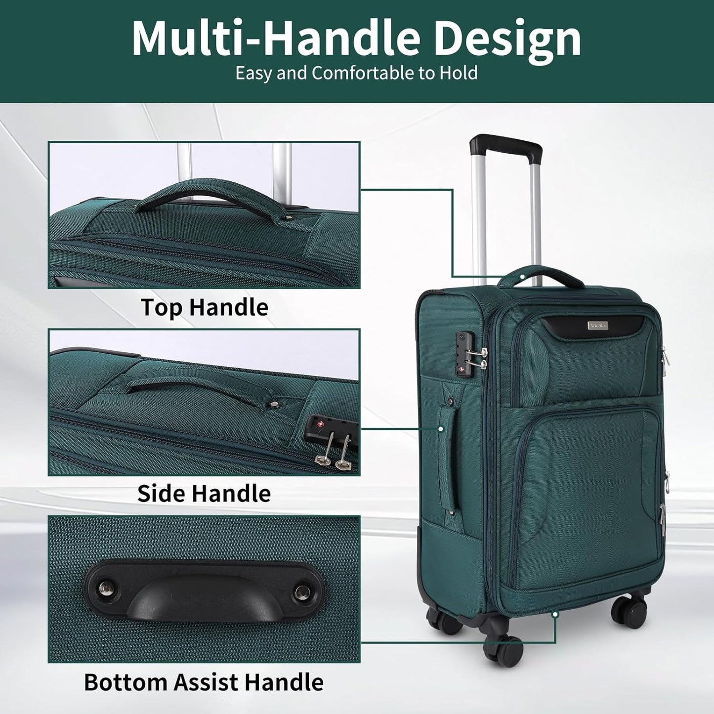 3-Piece Softside Expandable Luggage Set with Front Open Pocket, Lightweight and Durable Oxford Fabric Suitcase Set with TSA Lock (Dark Green, 20in/24in/28in)