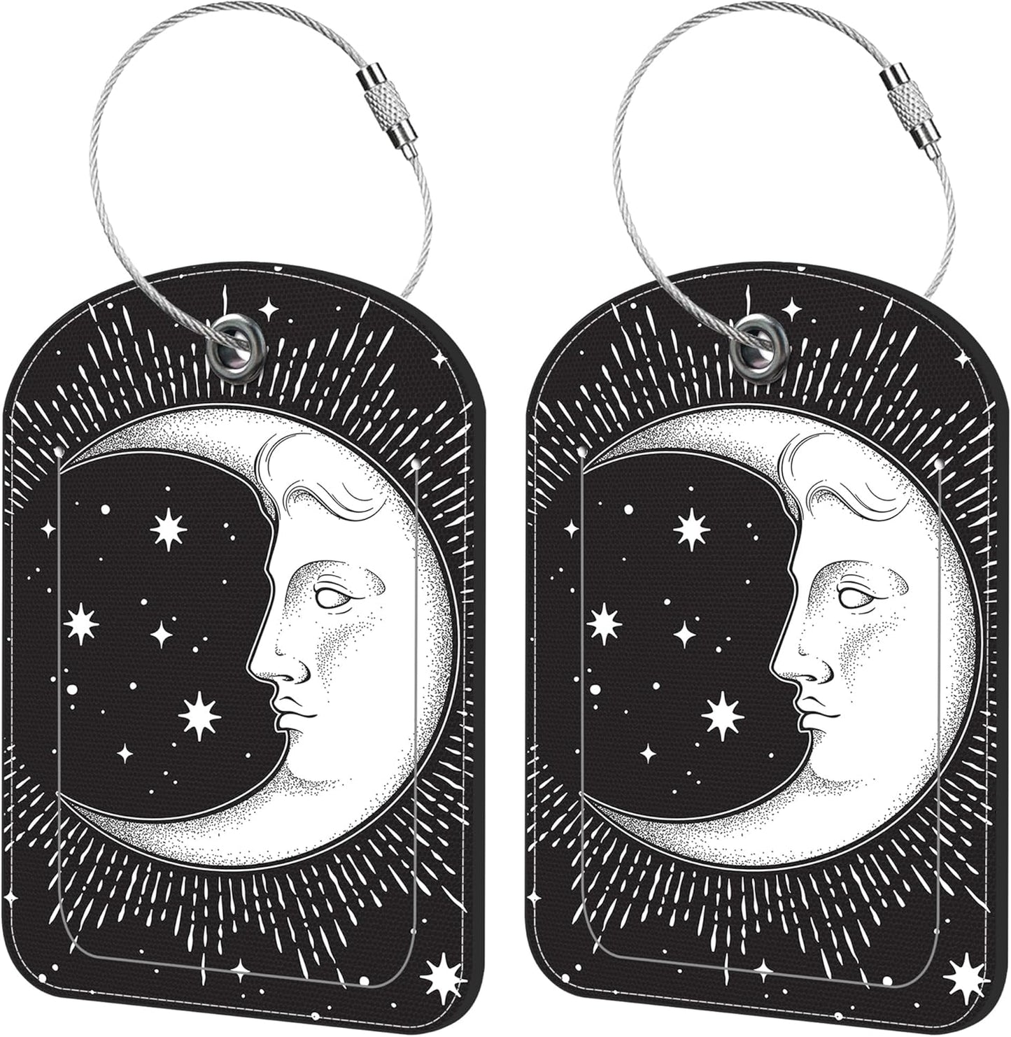 2 Pack Cute Luggage Tag for Suitcases Crescent Moon Leather Luggage Tags with Stainless Steel Loop Privacy Flap Name Tags,Men and Women Travel Bag Suitcase Tags