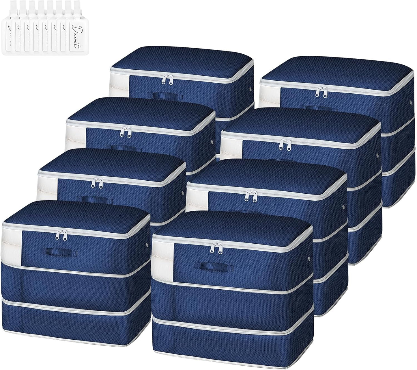 Comforter Storage Bag - Large Capacity Blanket Storage Bags 3-Layer Ultra Space Saving Self Compression Organizer, Washable Compression Bags for Storage Comforter Blanket, 8-Pack, Navy Blue