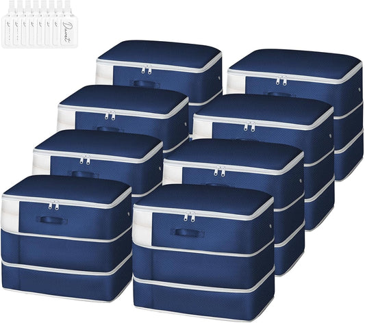Comforter Storage Bag - Large Capacity Blanket Storage Bags 3-Layer Ultra Space Saving Self Compression Organizer, Washable Compression Bags for Storage Comforter Blanket, 8-Pack, Navy Blue
