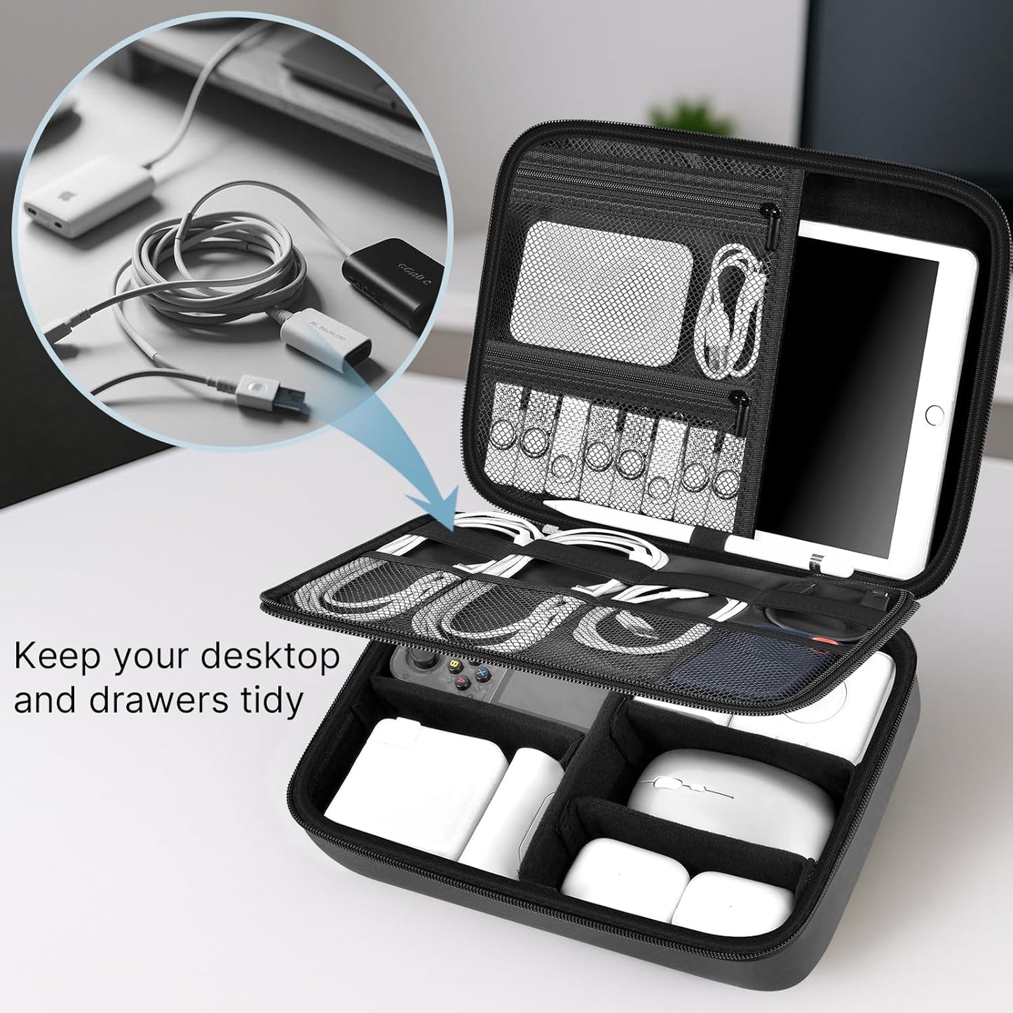 Electronics Organizer Travel Case for MacBook Power Adapter Charger Cables, Double Layer for Mouse, Power Banks, IPad, Airpods, for Apple Pencil, USB Flash Disk SD Card and Other Accessories - Black